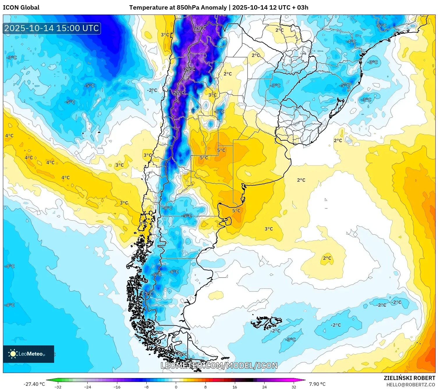 ICON model - Argentina, Temperature at 850hPa Anomaly ICON model - Argentina, Temperature at 850hPa Anomaly