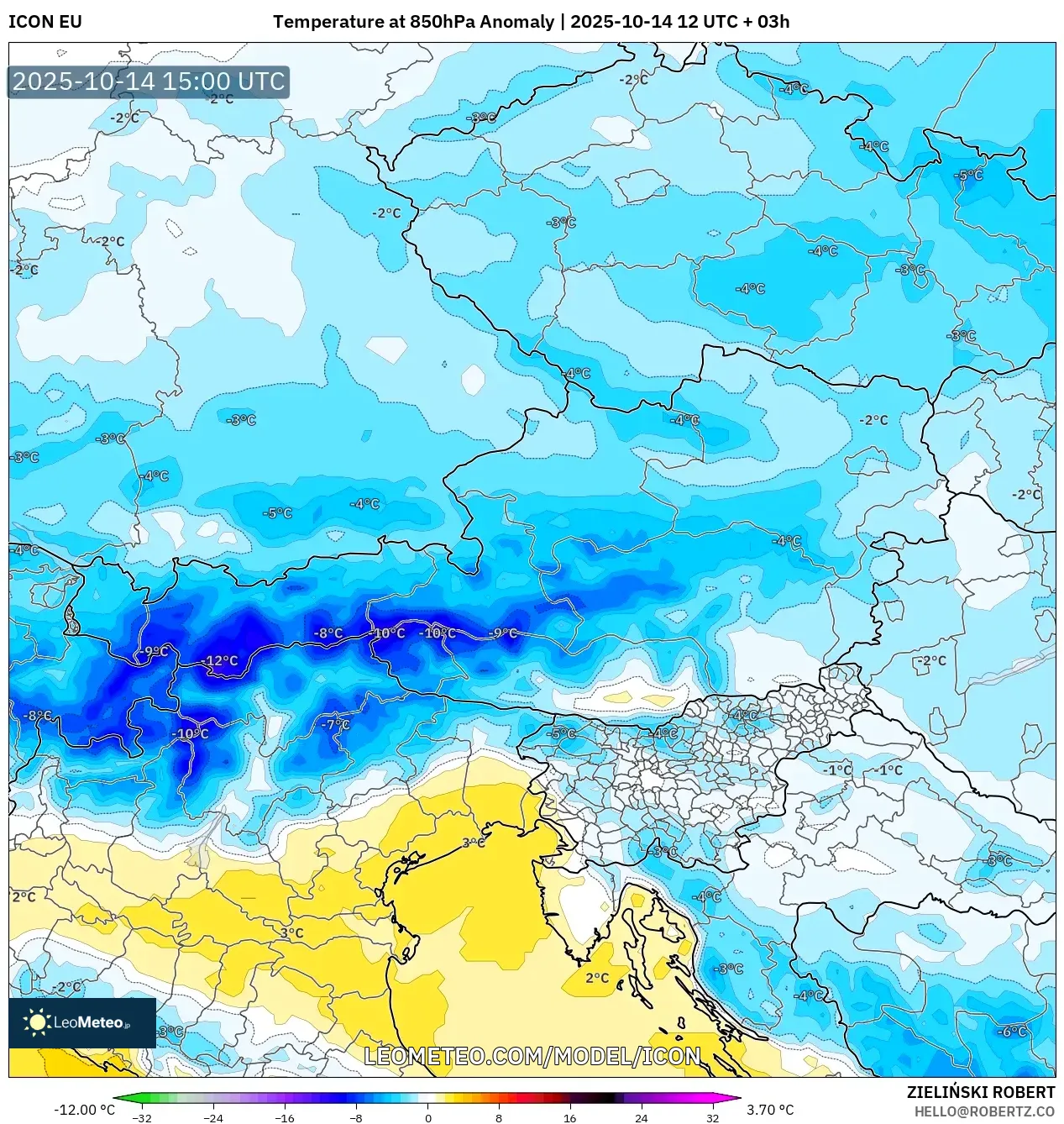 ICON model - Austria, Temperature at 850hPa Anomaly ICON model - Austria, Temperature at 850hPa Anomaly