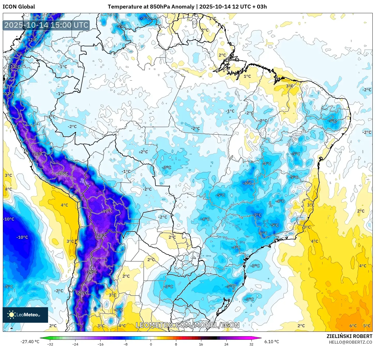 ICON model - Brazil, Temperature at 850hPa Anomaly ICON model - Brazil, Temperature at 850hPa Anomaly
