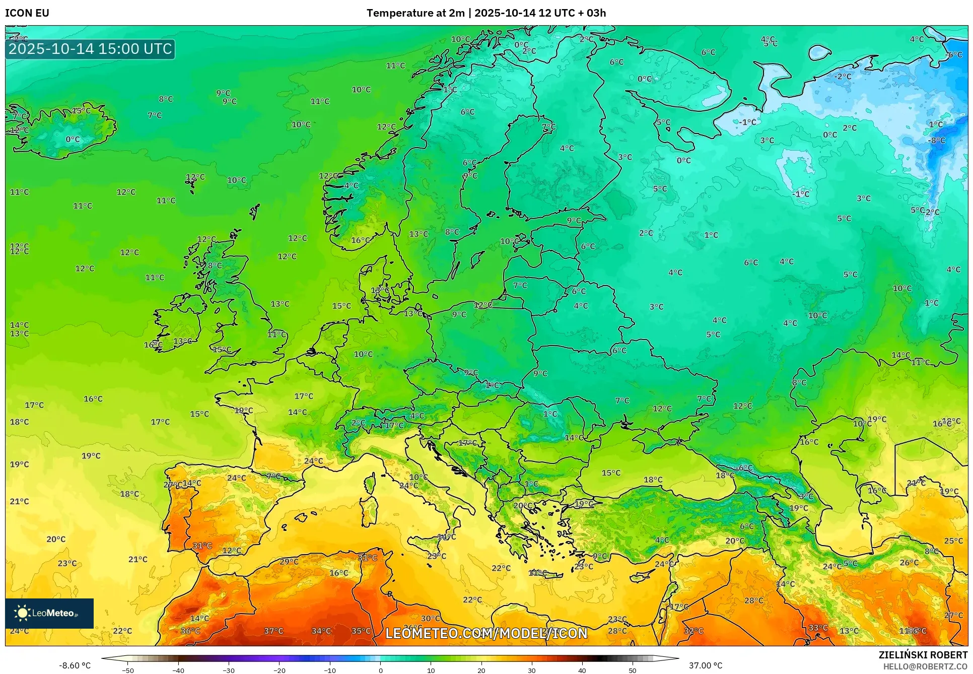 ICON model - Europe, Temperature at 2m ICON model - Europe, Temperature at 2m