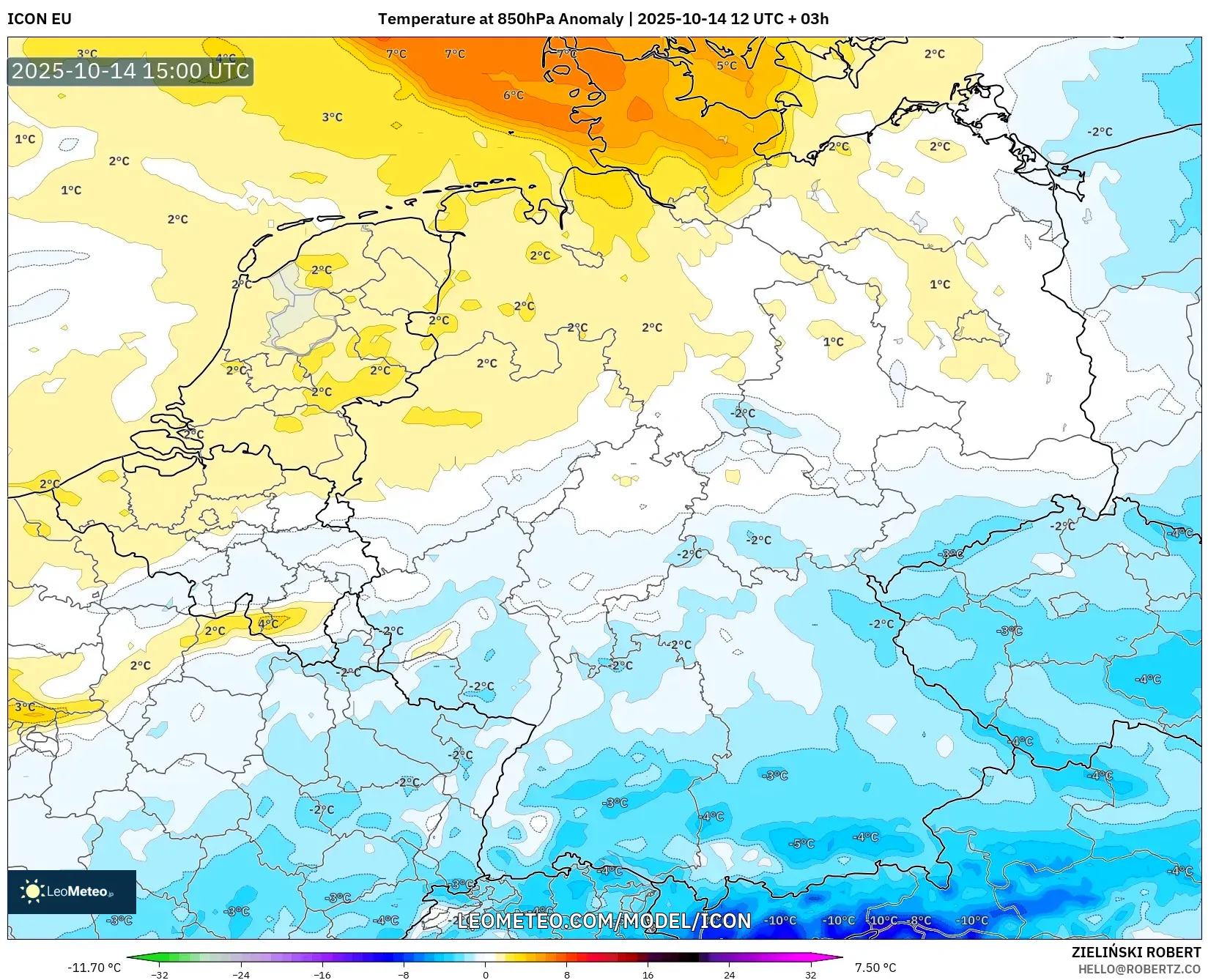 ICON model - Germany, Temperature at 850hPa Anomaly ICON model - Germany, Temperature at 850hPa Anomaly