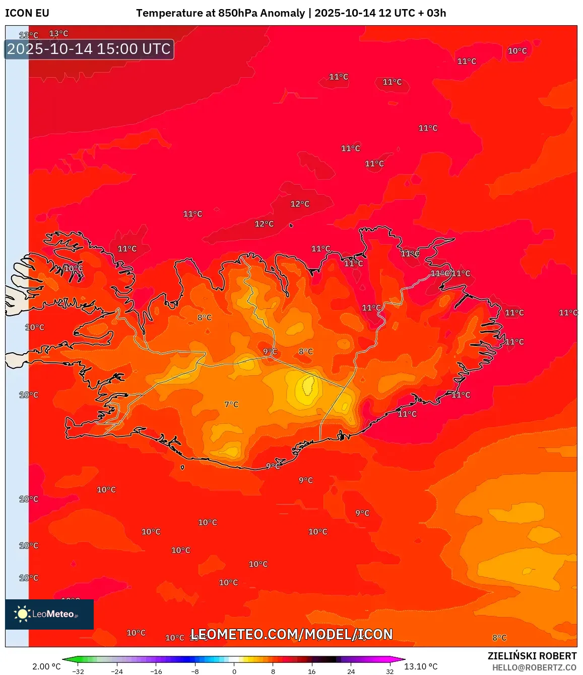 ICON model - Iceland, Temperature at 850hPa Anomaly ICON model - Iceland, Temperature at 850hPa Anomaly