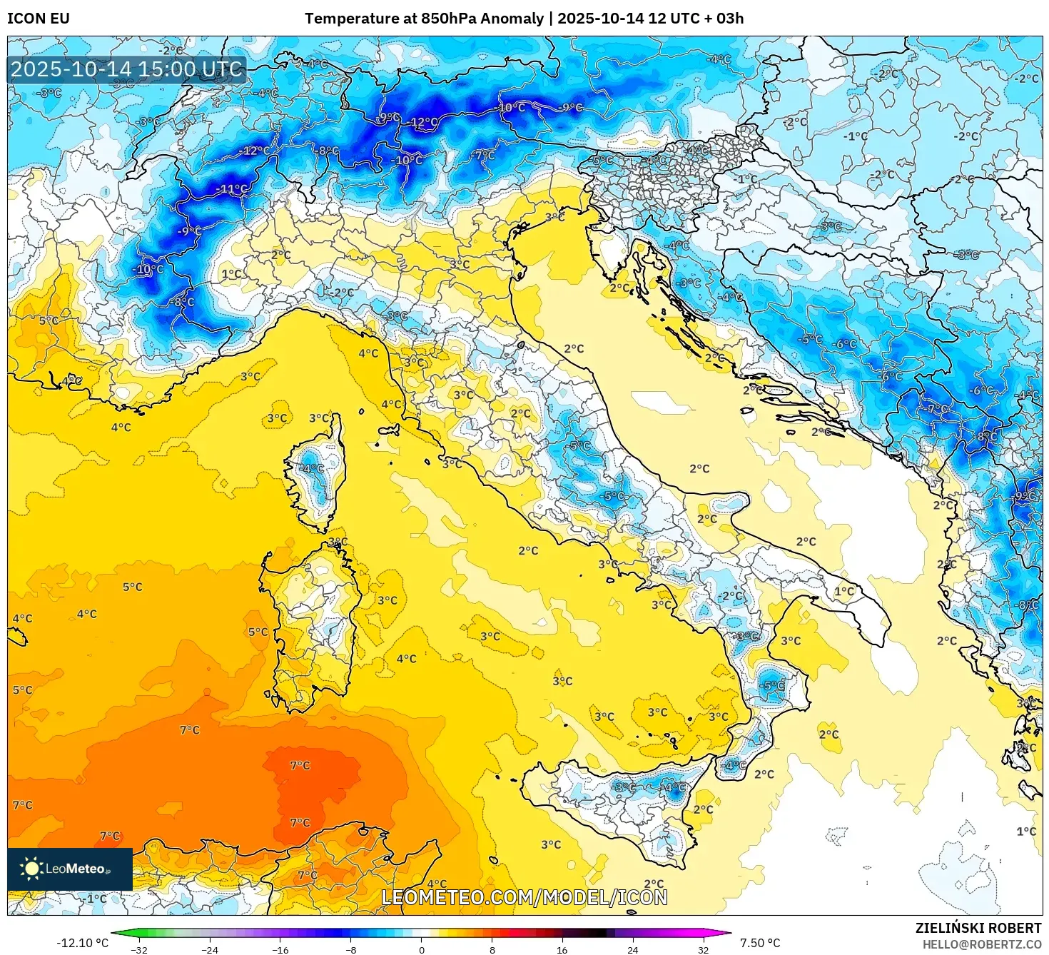 ICON model - Italy, Temperature at 850hPa Anomaly ICON model - Italy, Temperature at 850hPa Anomaly