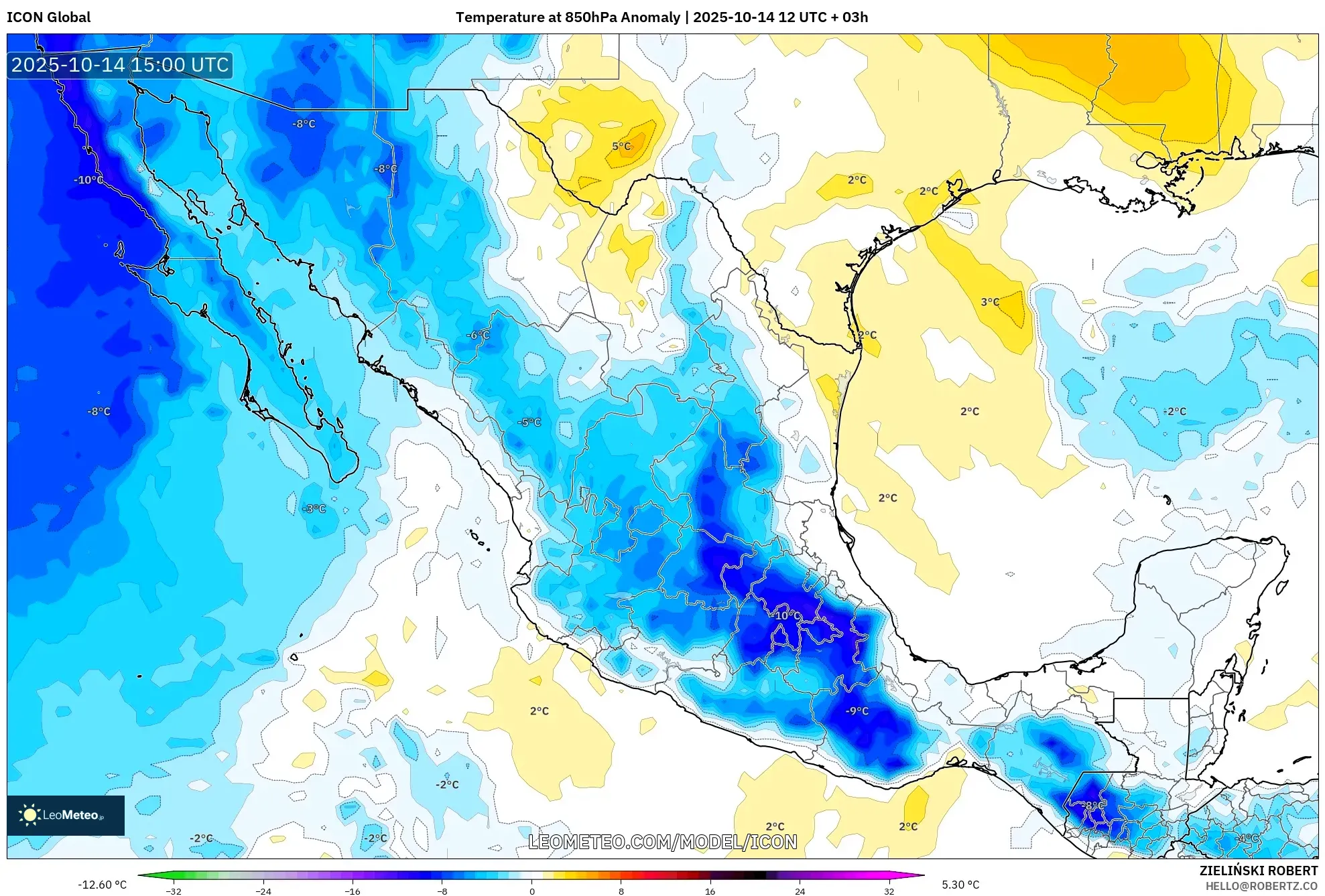 ICON model - Mexico, Temperature at 850hPa Anomaly ICON model - Mexico, Temperature at 850hPa Anomaly