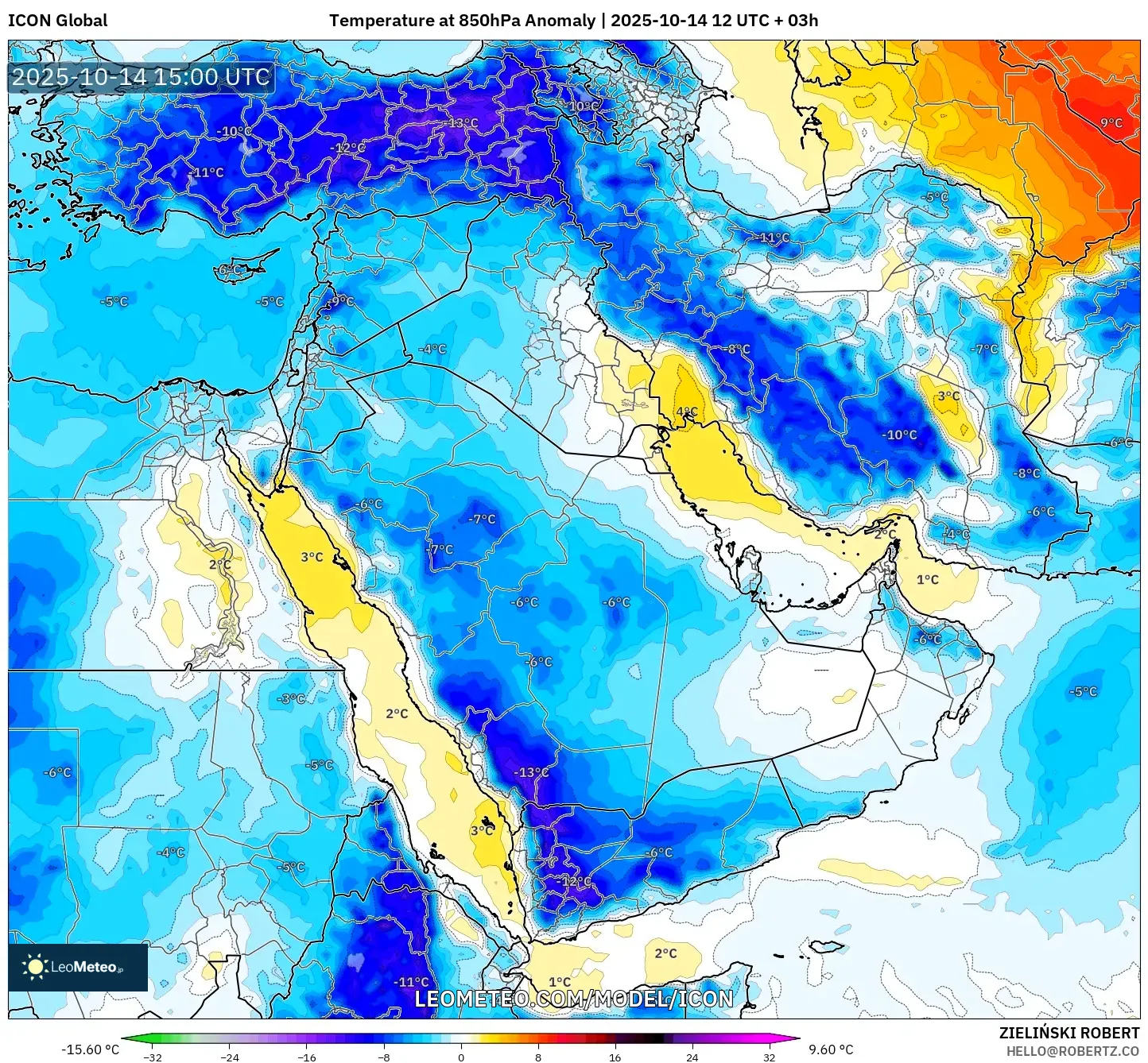 ICON model - Middle East, Temperature at 850hPa Anomaly ICON model - Middle East, Temperature at 850hPa Anomaly