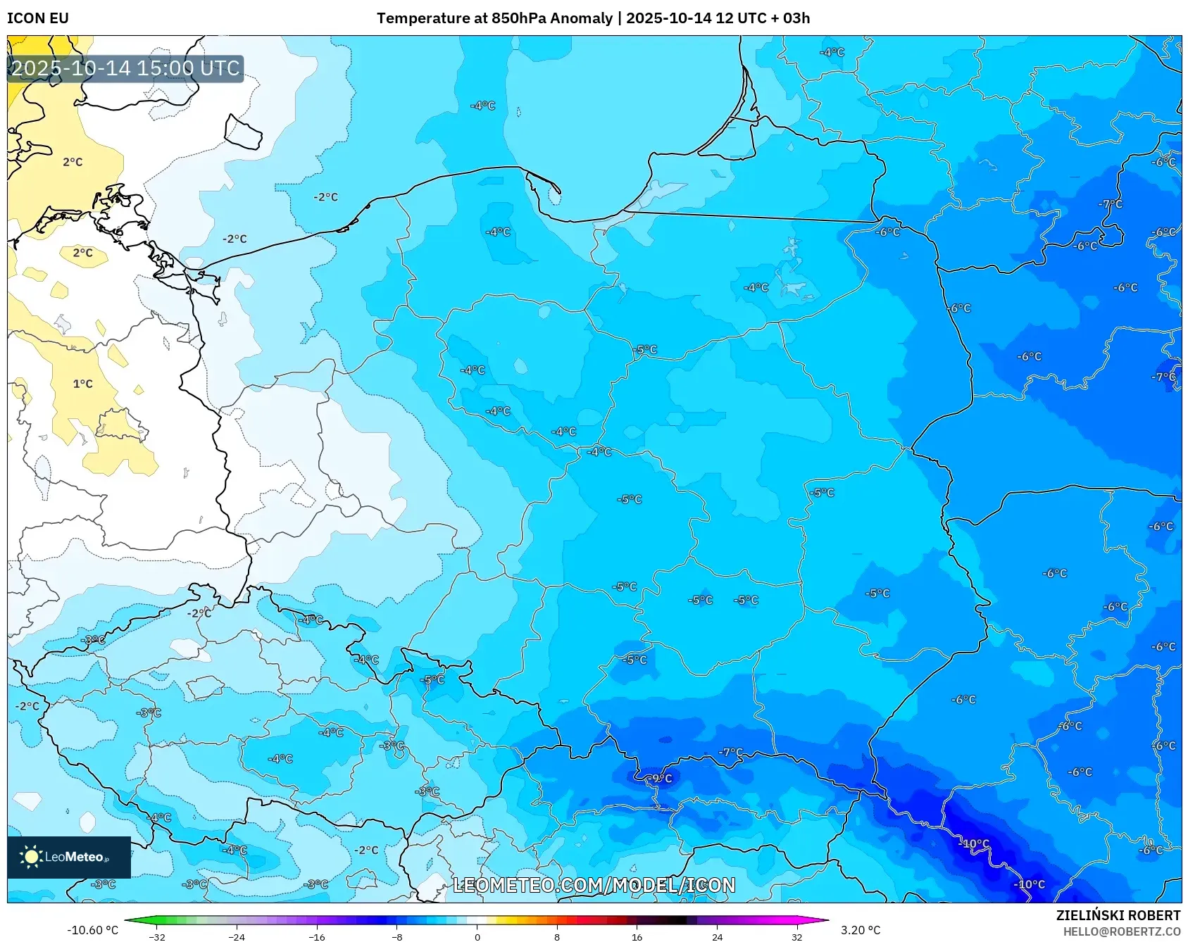 ICON model - Poland, Temperature at 850hPa Anomaly ICON model - Poland, Temperature at 850hPa Anomaly