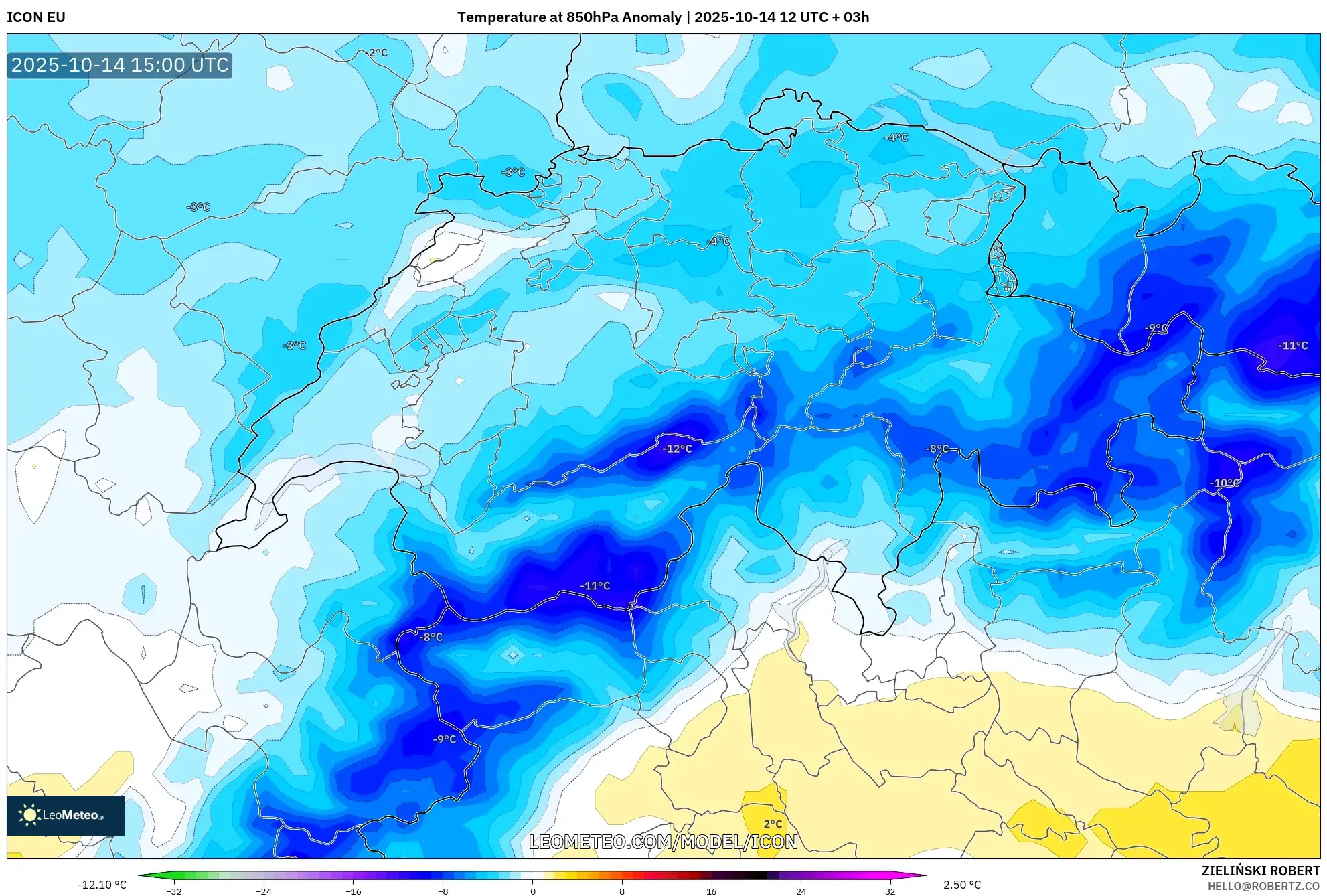 ICON model - Switzerland, Temperature at 850hPa Anomaly ICON model - Switzerland, Temperature at 850hPa Anomaly