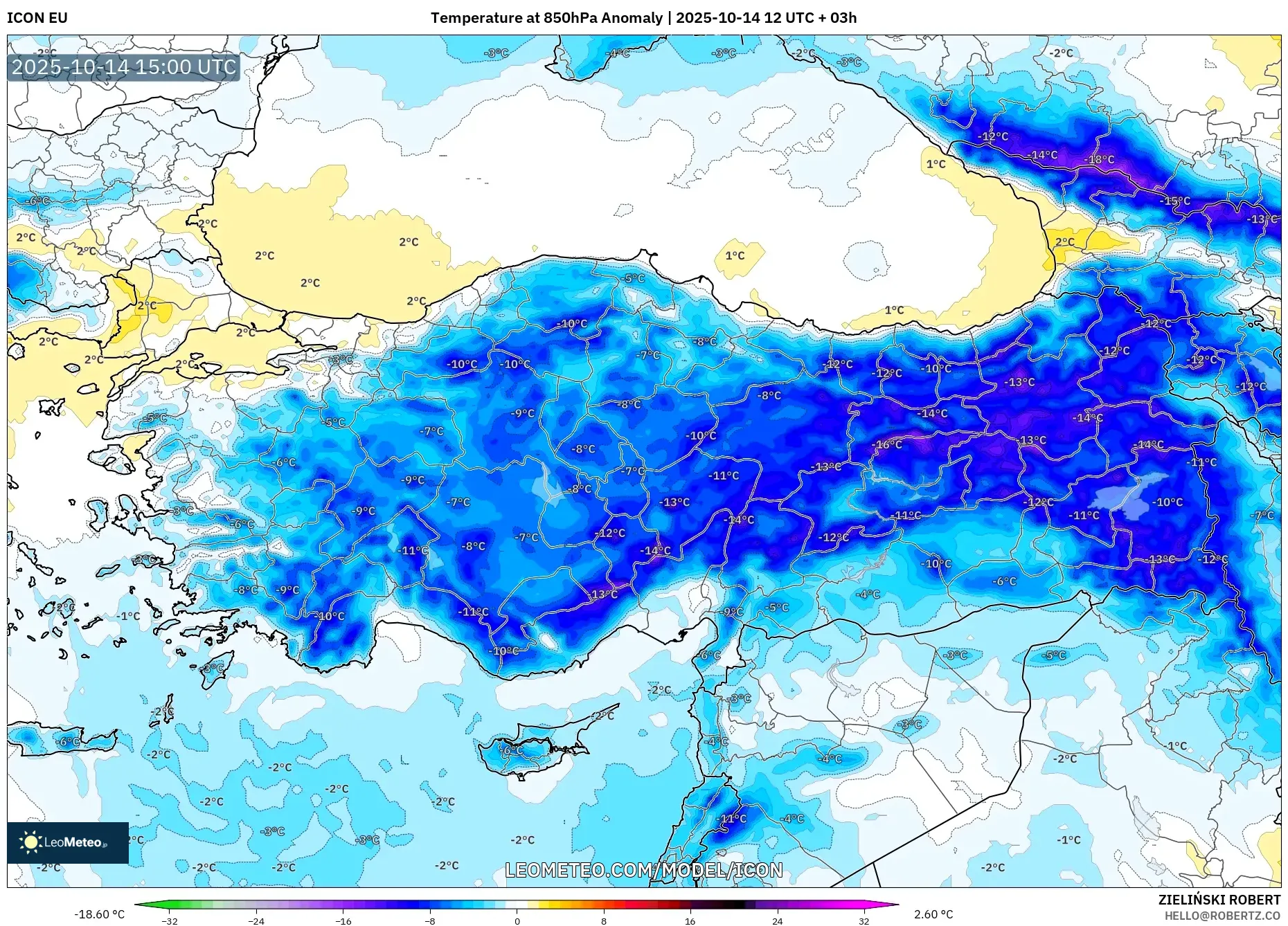 ICON model - Turkey, Temperature at 850hPa Anomaly ICON model - Turkey, Temperature at 850hPa Anomaly