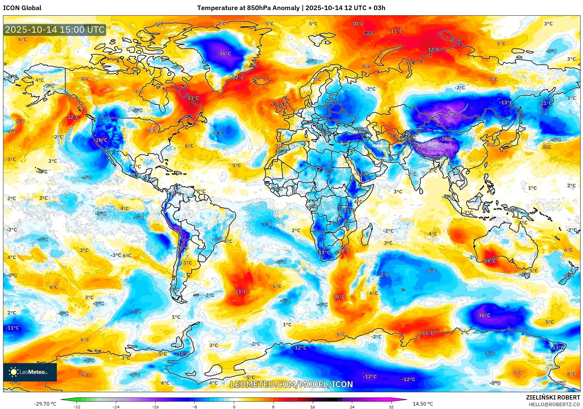 ICON model - World, Temperature at 850hPa Anomaly ICON model - World, Temperature at 850hPa Anomaly