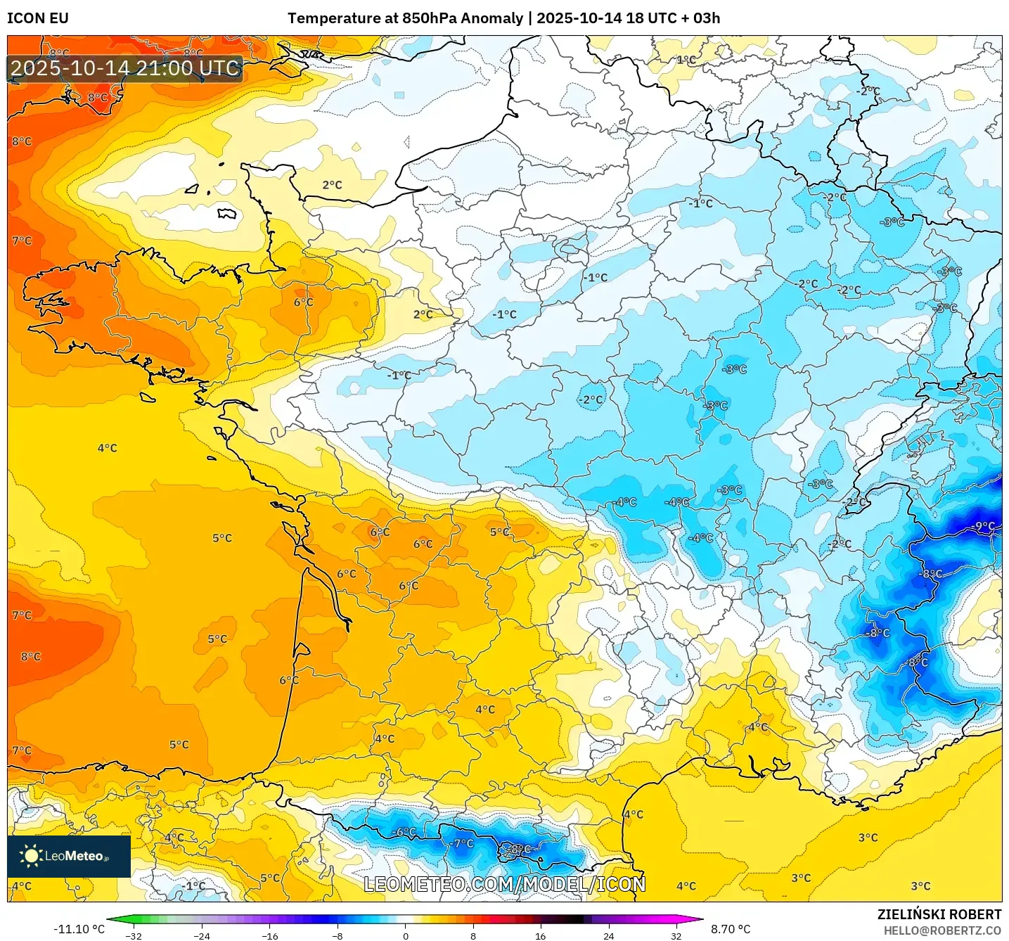 ICON model - France, Temperature at 850hPa Anomaly ICON model - France, Temperature at 850hPa Anomaly