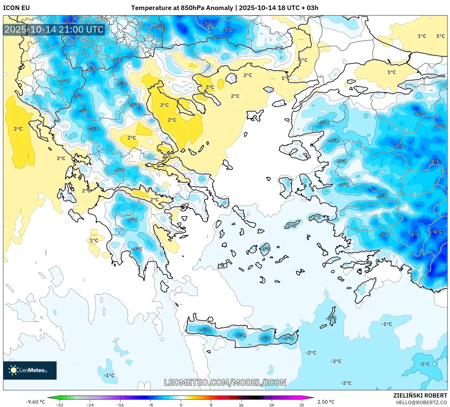 ICON model - Greece, Temperature at 850hPa Anomaly
