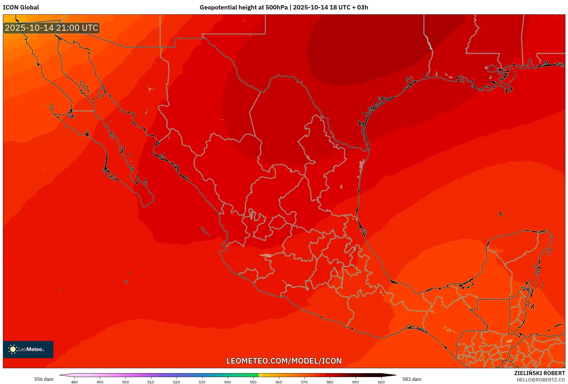ICON model - Mexico, Geopotential height at 500hPa