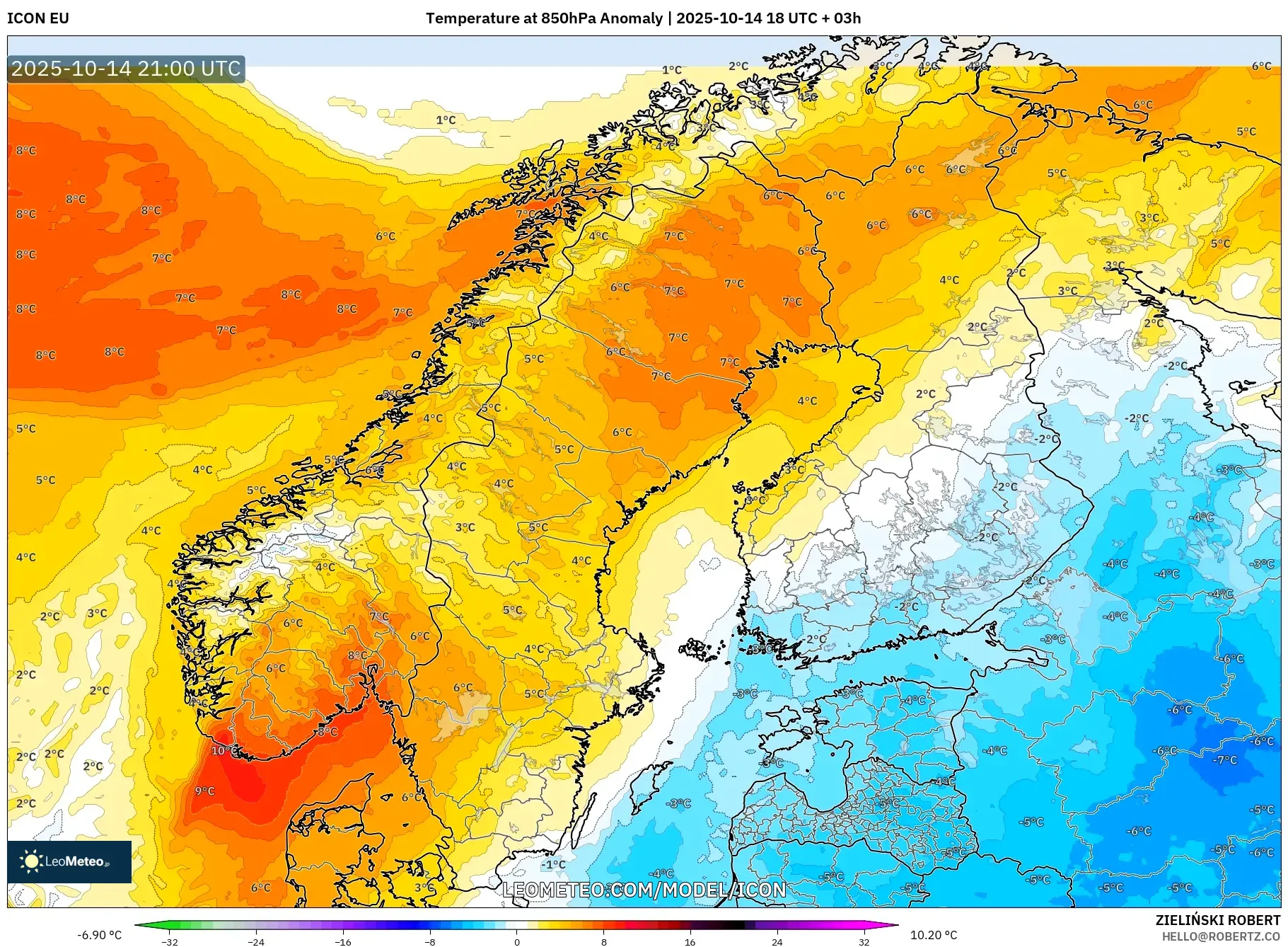 ICON model - Scandinavia, Temperature at 850hPa Anomaly ICON model - Scandinavia, Temperature at 850hPa Anomaly