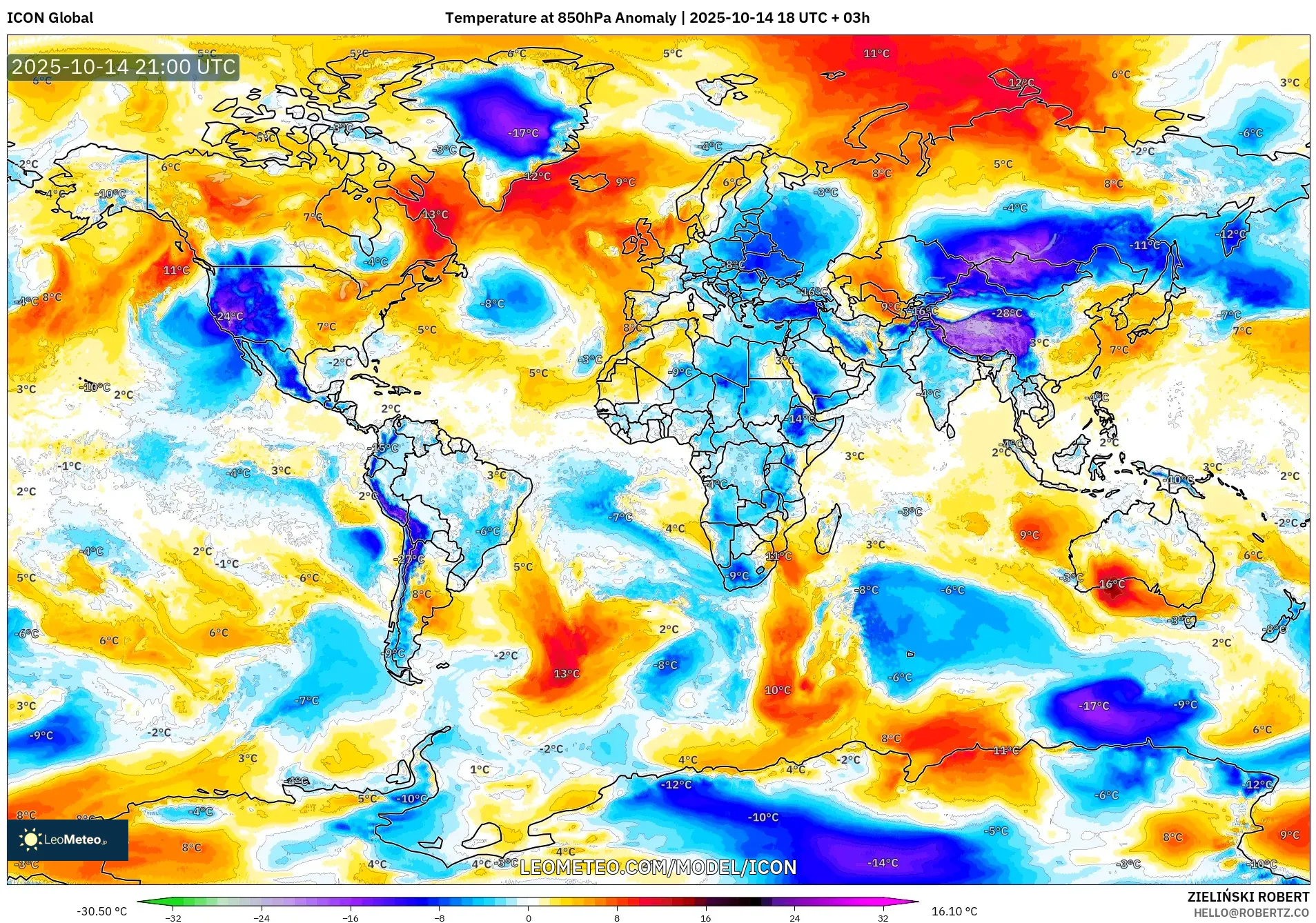 ICON model - World, Temperature at 850hPa Anomaly ICON model - World, Temperature at 850hPa Anomaly