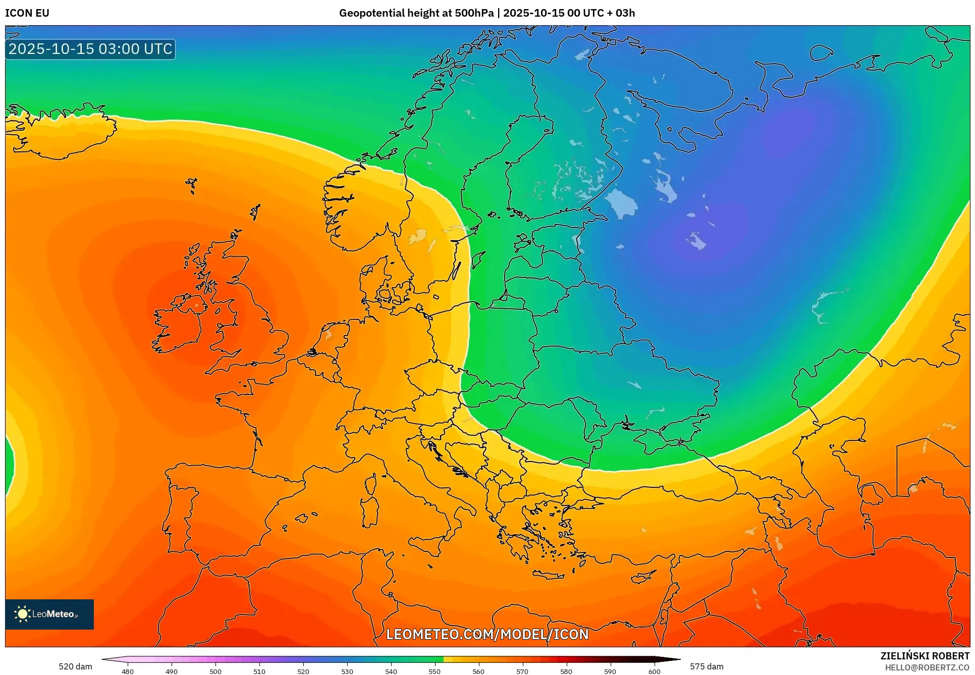 ICON model - Europe, Geopotential height at 500hPa