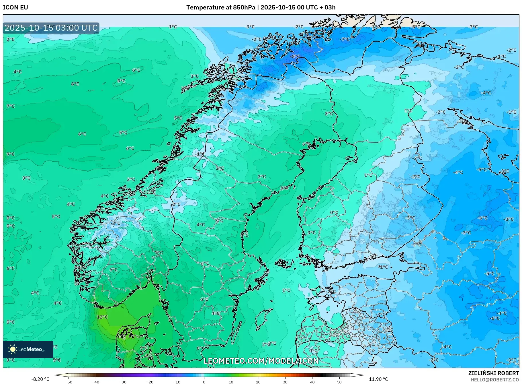 ICON model - Scandinavia, Temperature at 850hPa ICON model - Scandinavia, Temperature at 850hPa