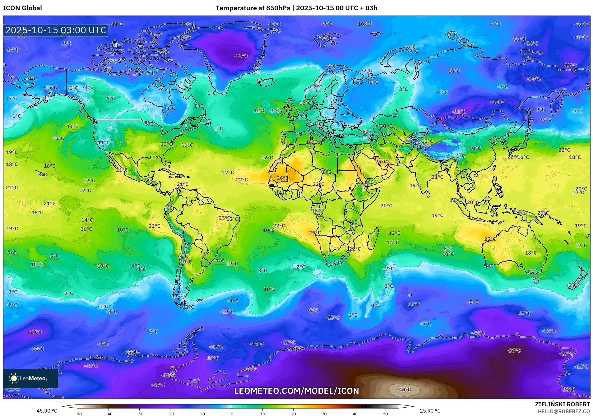ICON model - World, Temperature at 850hPa