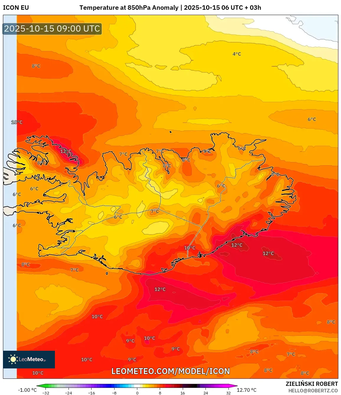ICON model - Iceland, Temperature at 850hPa Anomaly