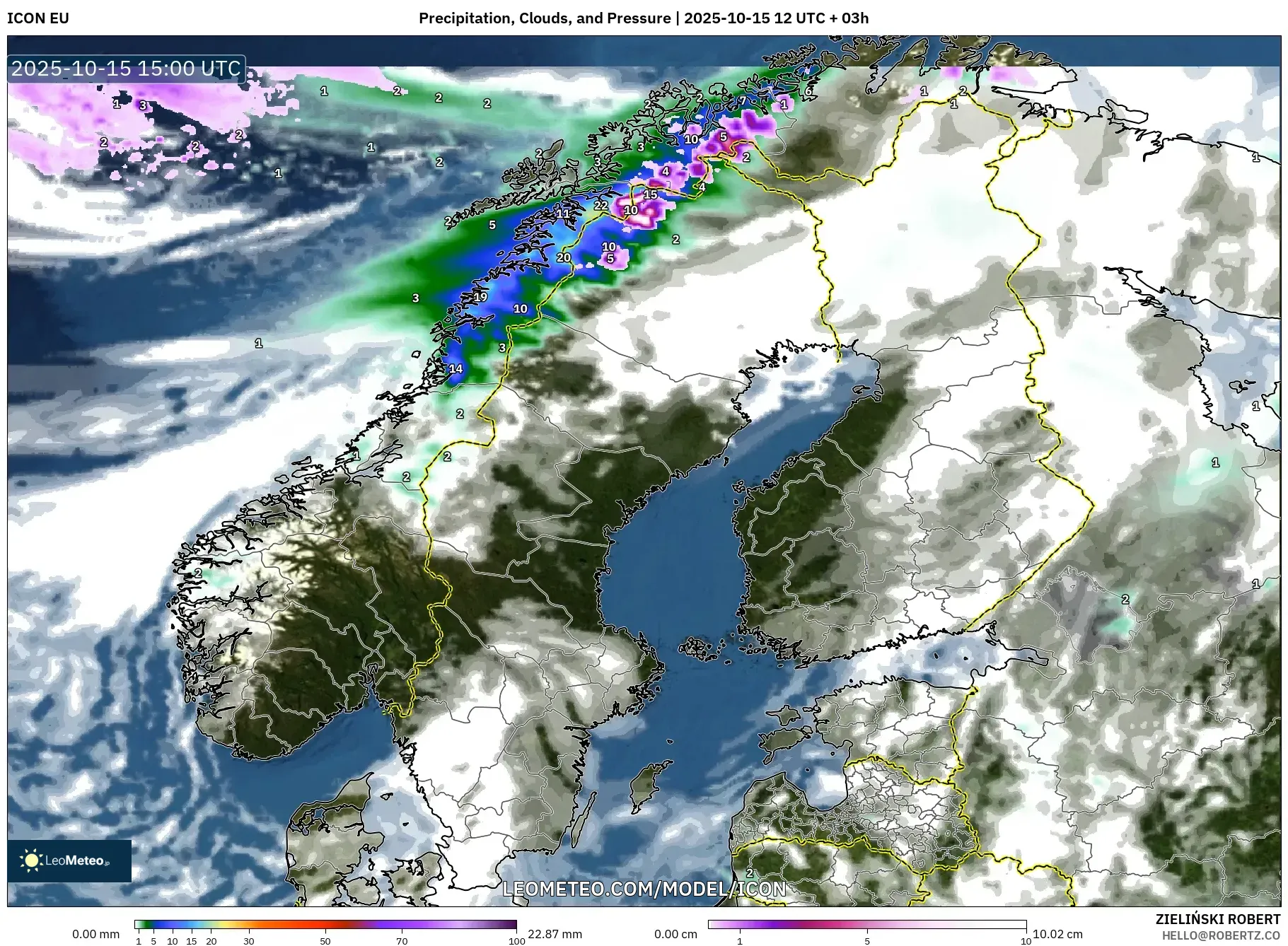 ICON model - Scandinavia, Precipitation, Clouds, and Pressure ICON model - Scandinavia, Precipitation, Clouds, and Pressure