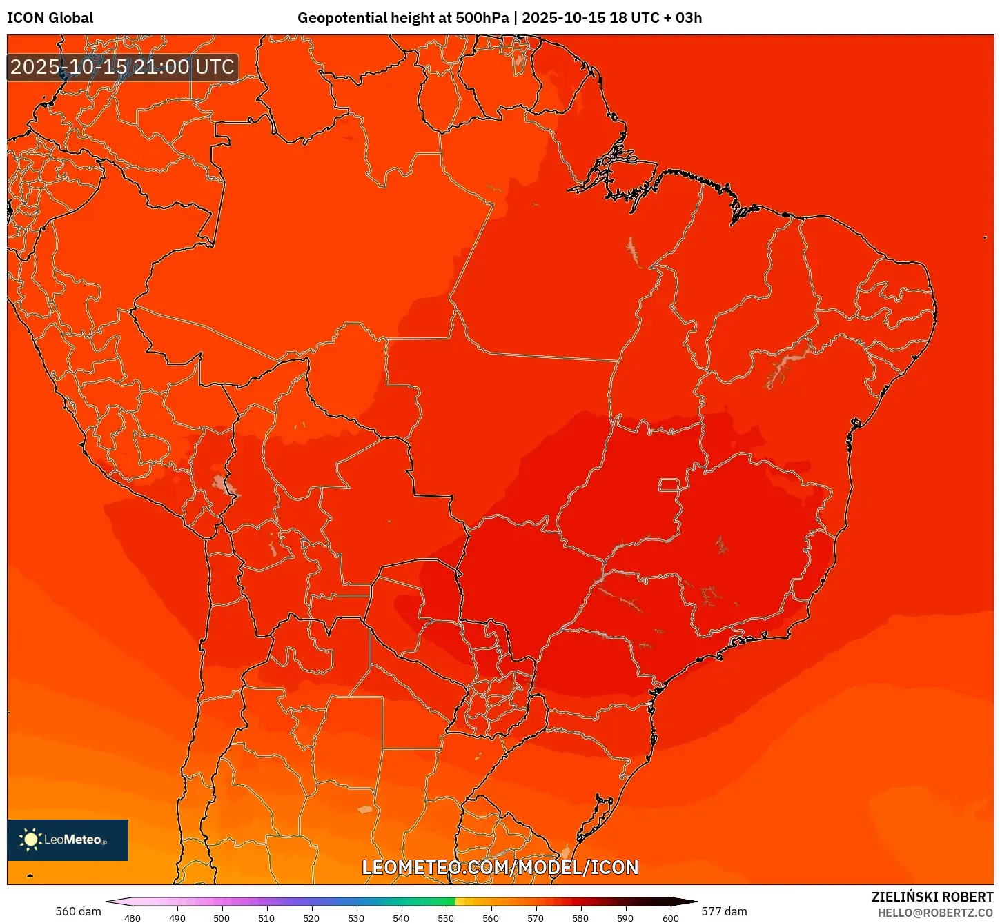 ICON model - Brazil, Geopotential height at 500hPa ICON model - Brazil, Geopotential height at 500hPa