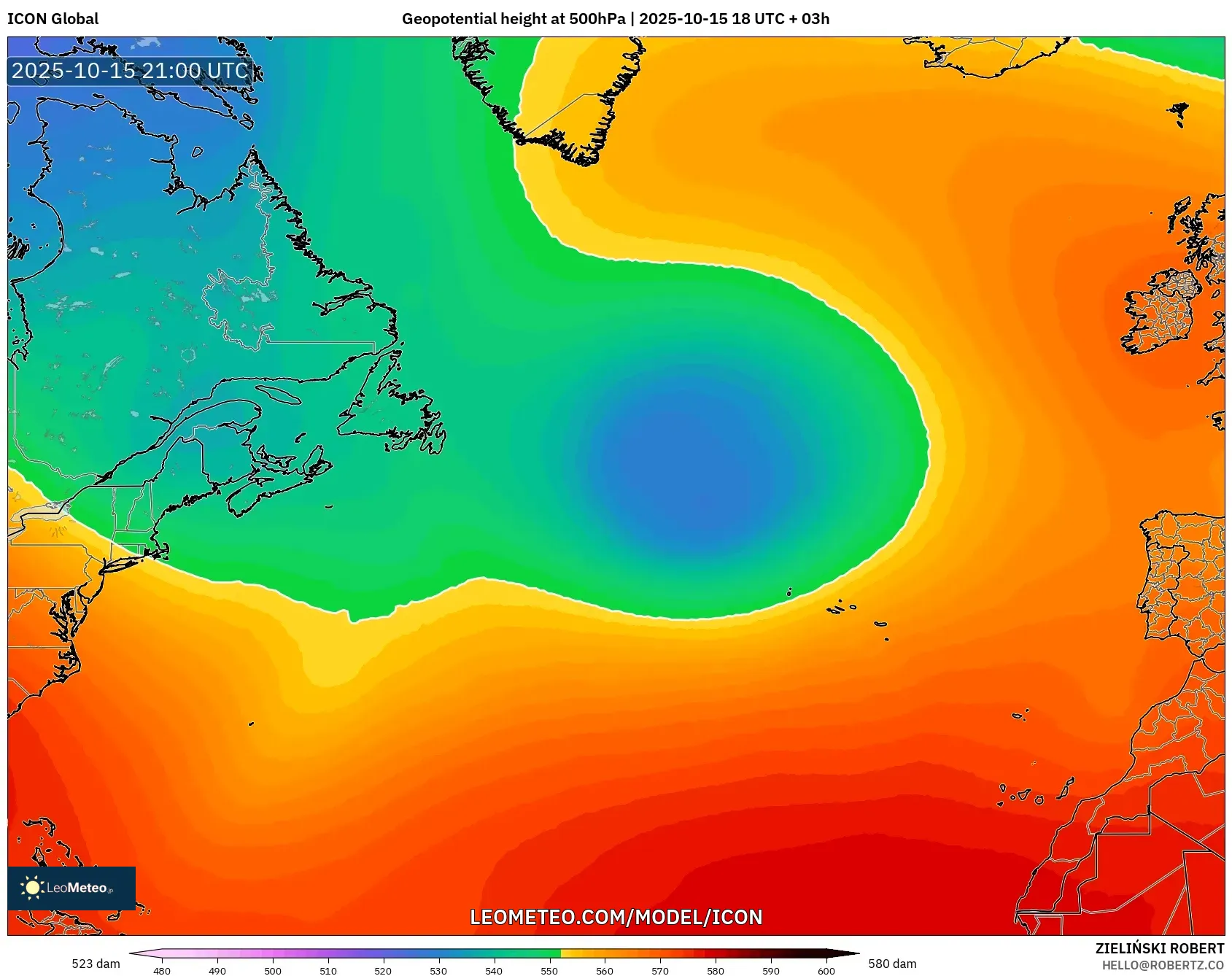 ICON model - North Atlantic, Geopotential height at 500hPa ICON model - North Atlantic, Geopotential height at 500hPa