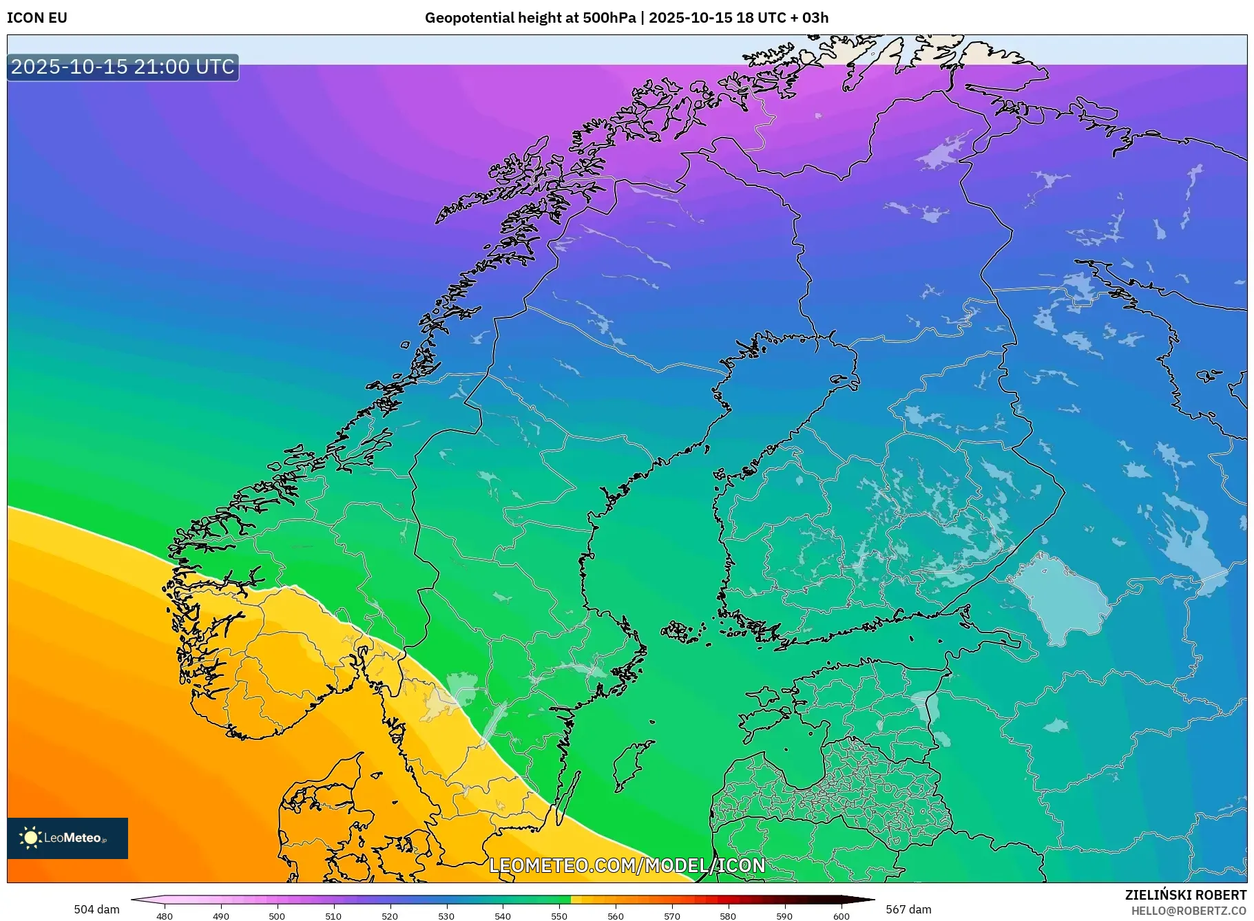 ICON model - Scandinavia, Geopotential height at 500hPa ICON model - Scandinavia, Geopotential height at 500hPa
