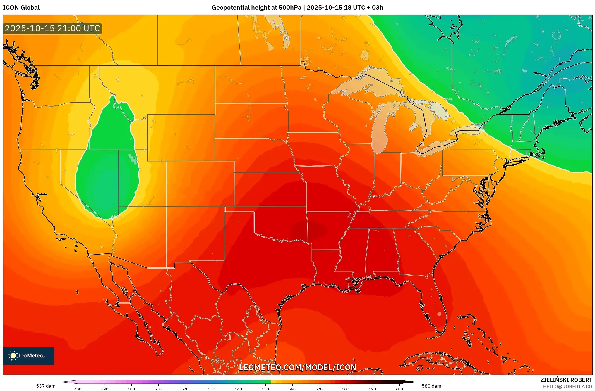 ICON model - United States, Geopotential height at 500hPa ICON model - United States, Geopotential height at 500hPa