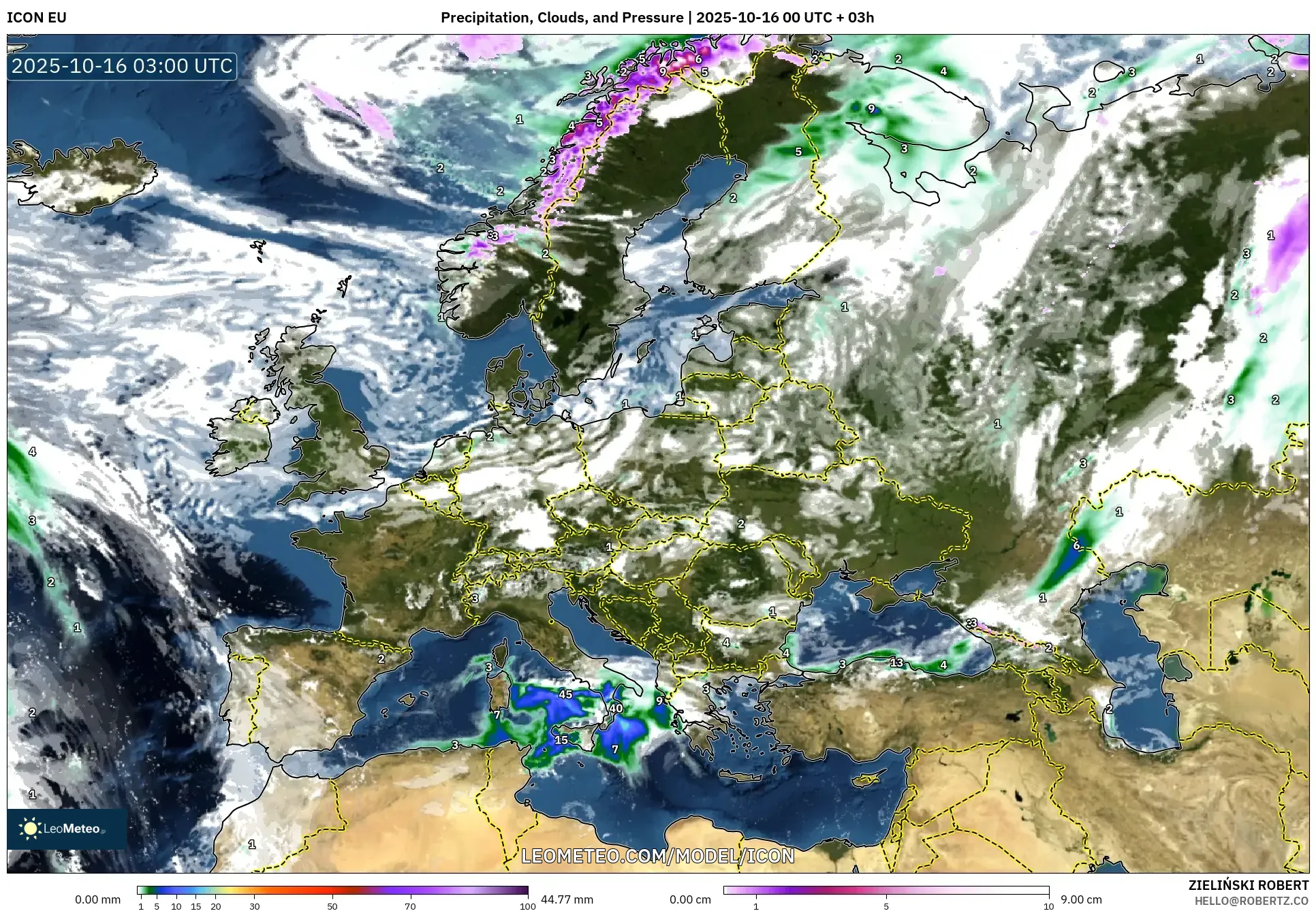 ICON model - Europe, Precipitation, Clouds, and Pressure ICON model - Europe, Precipitation, Clouds, and Pressure