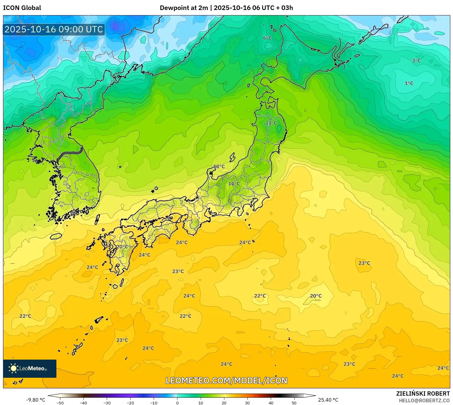 ICON model - Japan, Dewpoint at 2m ICON model - Japan, Dewpoint at 2m