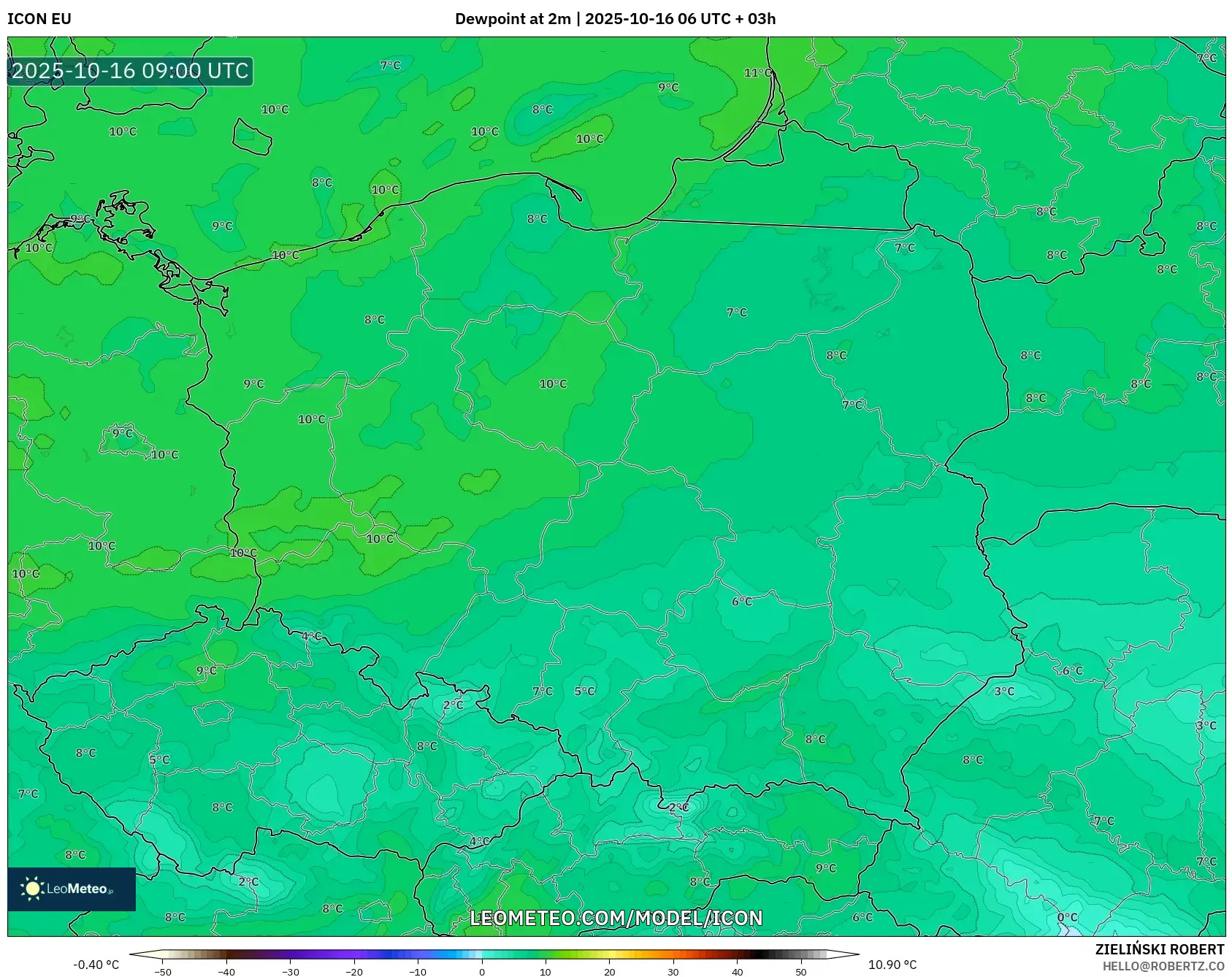 ICON model - Poland, Dewpoint at 2m ICON model - Poland, Dewpoint at 2m