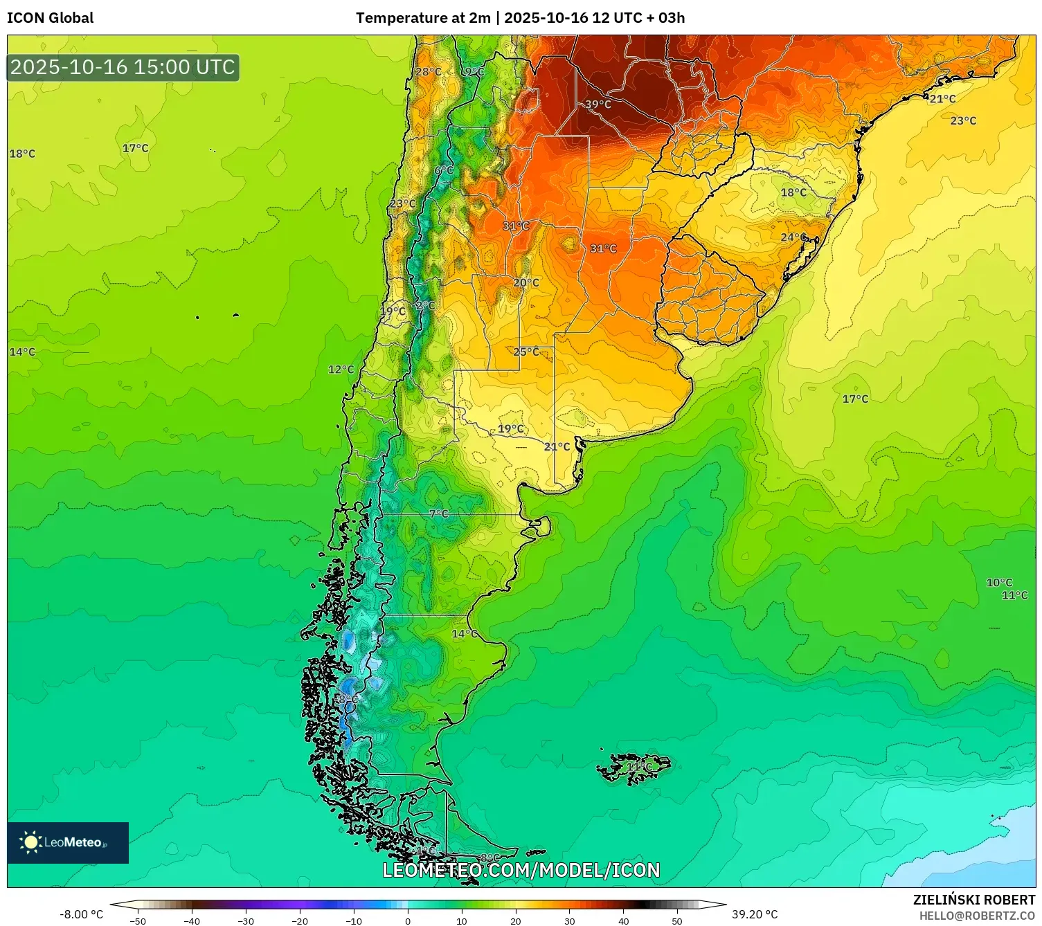 ICON model - Argentina, Temperature at 2m ICON model - Argentina, Temperature at 2m