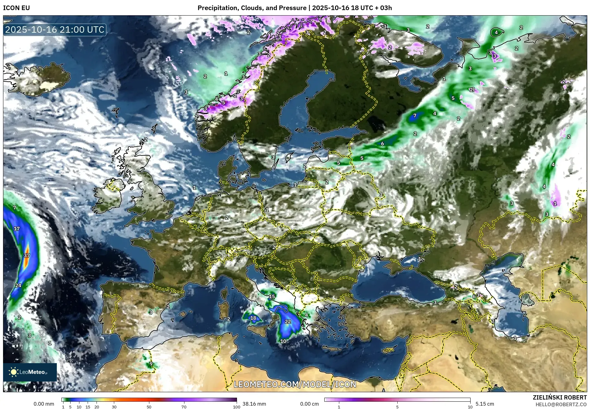 ICON model - Europe, Precipitation, Clouds, and Pressure ICON model - Europe, Precipitation, Clouds, and Pressure