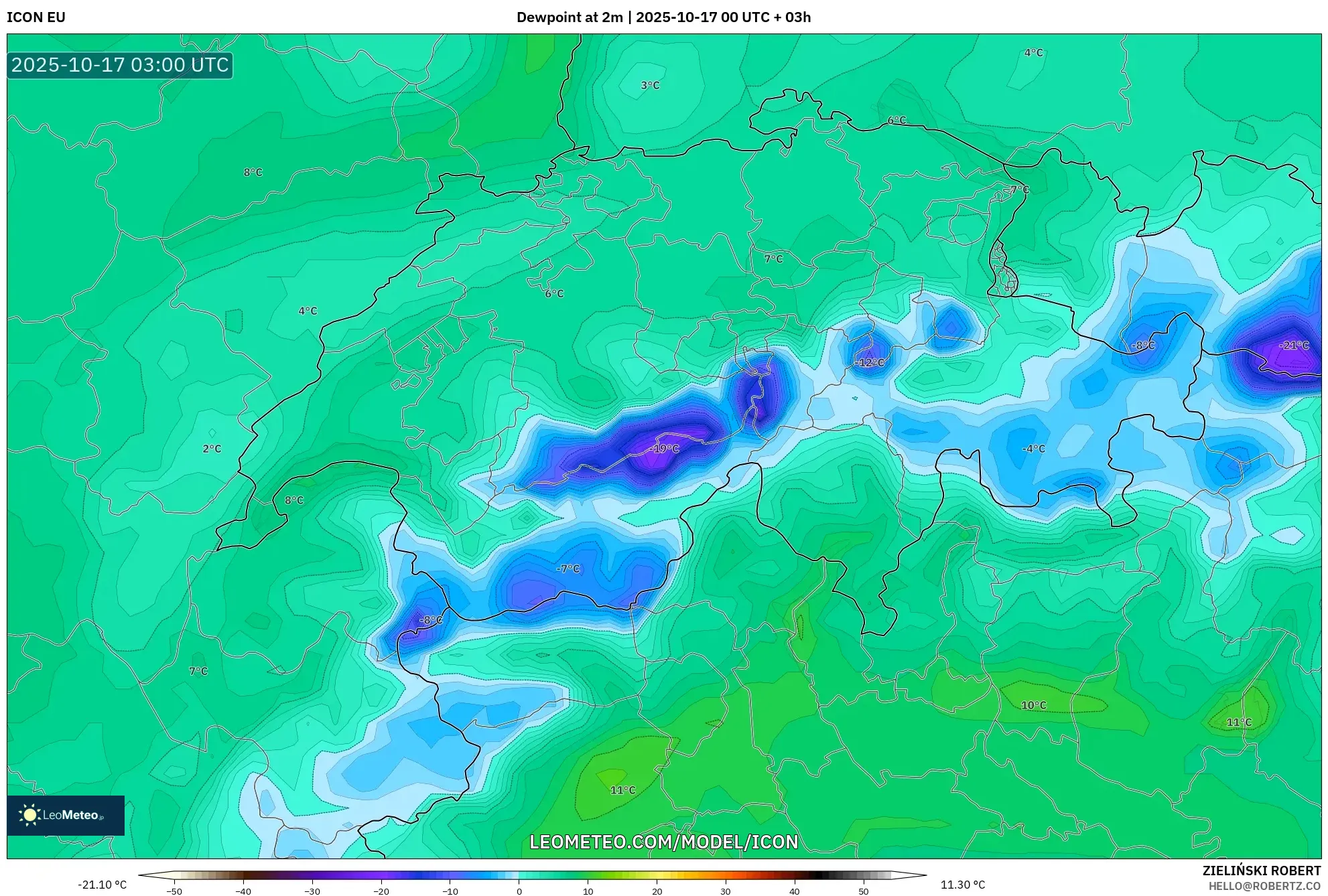 ICON model - Switzerland, Dewpoint at 2m ICON model - Switzerland, Dewpoint at 2m