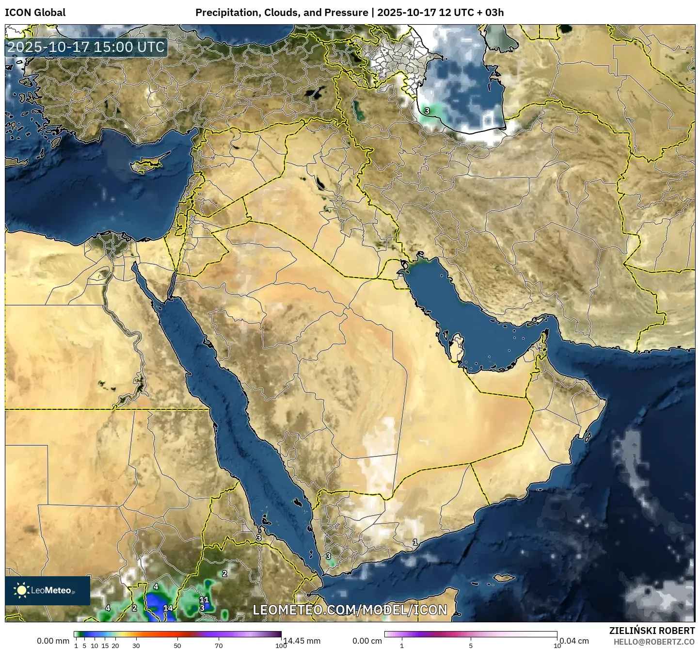 ICON model - Middle East, Precipitation, Clouds, and Pressure ICON model - Middle East, Precipitation, Clouds, and Pressure