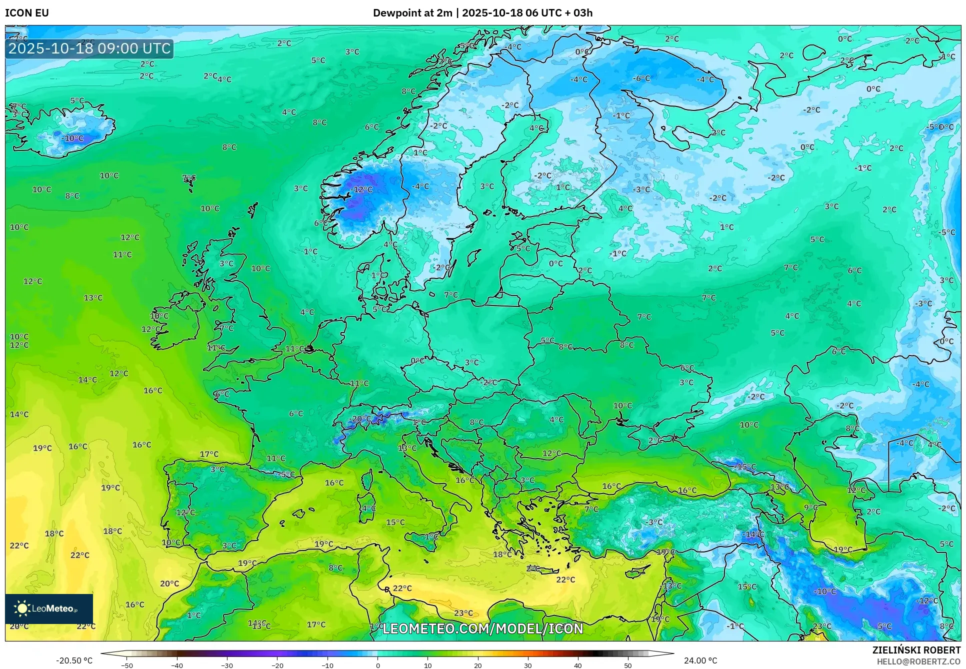 ICON model - Europe, Dewpoint at 2m ICON model - Europe, Dewpoint at 2m