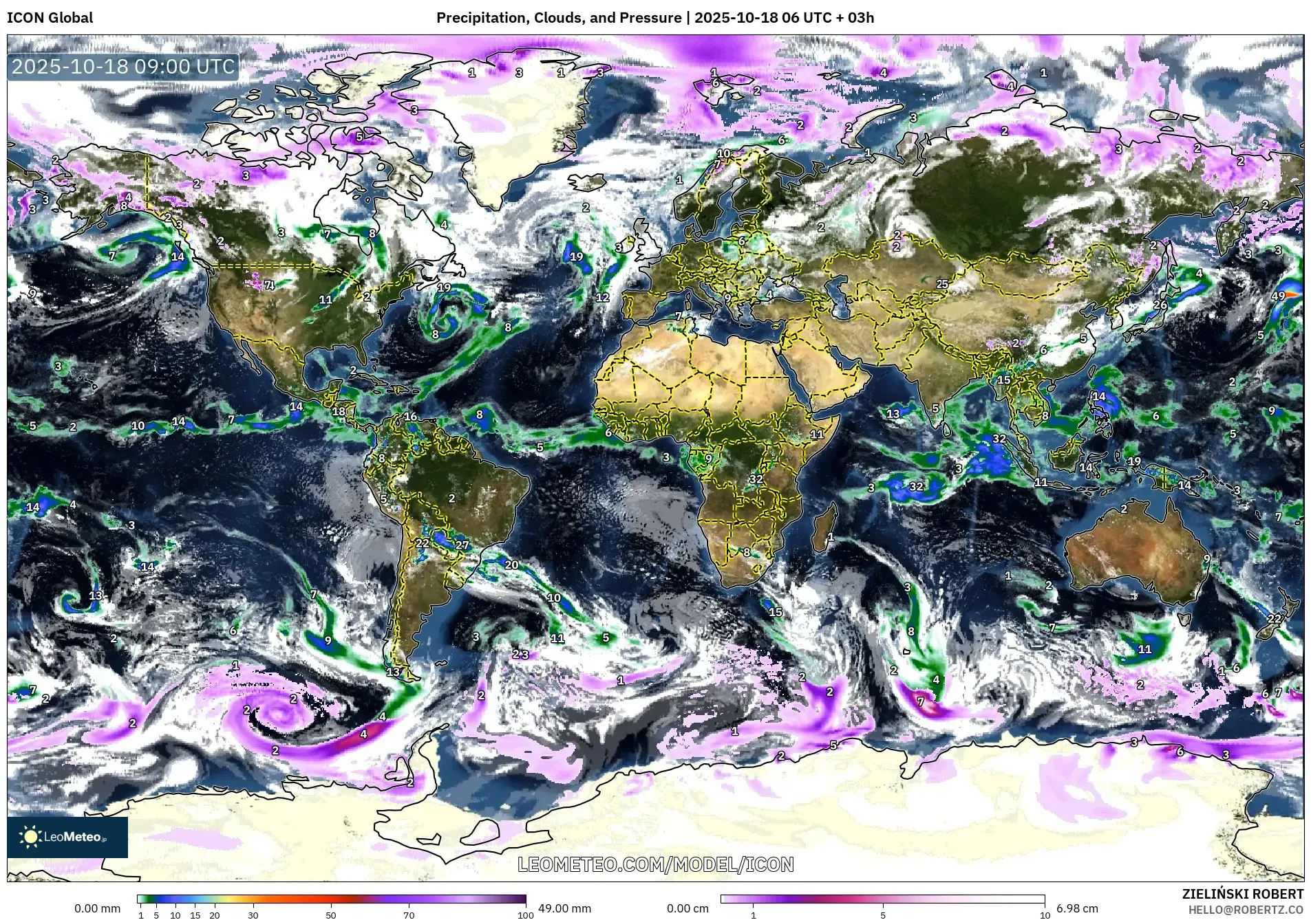 ICON model - World, Precipitation, Clouds, and Pressure ICON model - World, Precipitation, Clouds, and Pressure