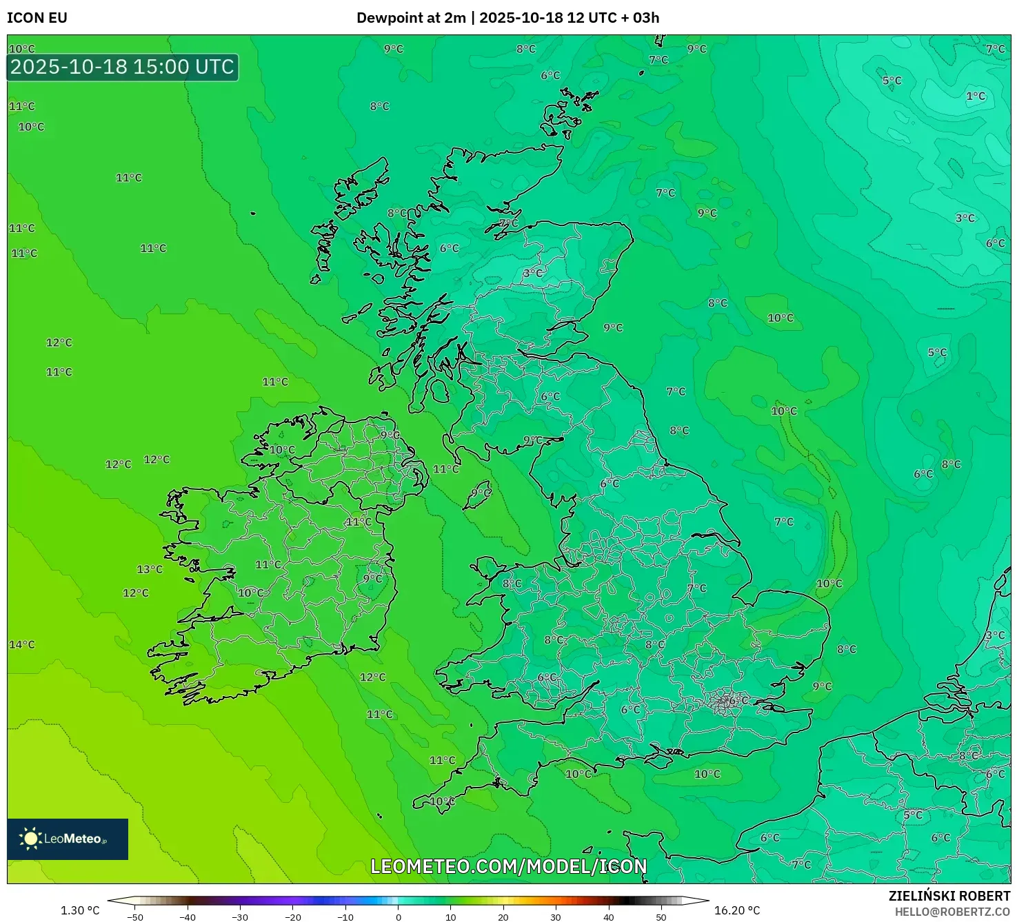 ICON model - United Kingdom, Dewpoint at 2m ICON model - United Kingdom, Dewpoint at 2m