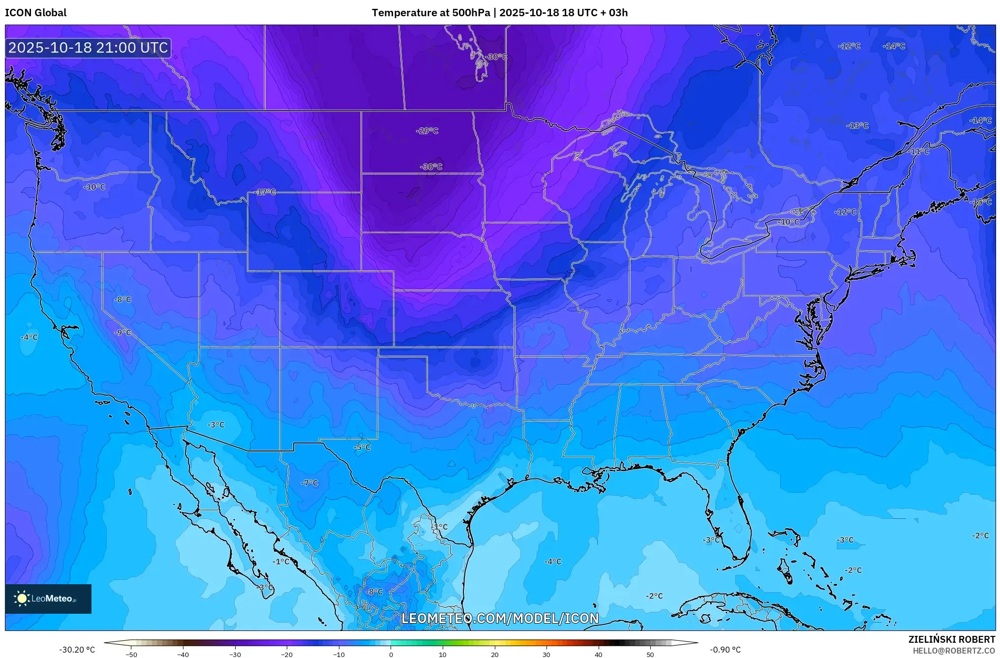 ICON model - United States, Temperature at 500hPa ICON model - United States, Temperature at 500hPa
