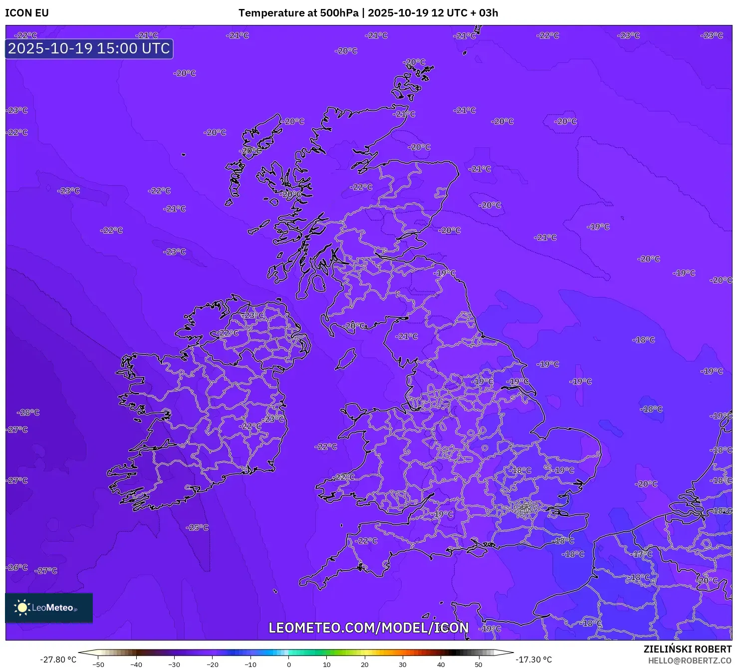 ICON model - United Kingdom, Temperature at 500hPa ICON model - United Kingdom, Temperature at 500hPa