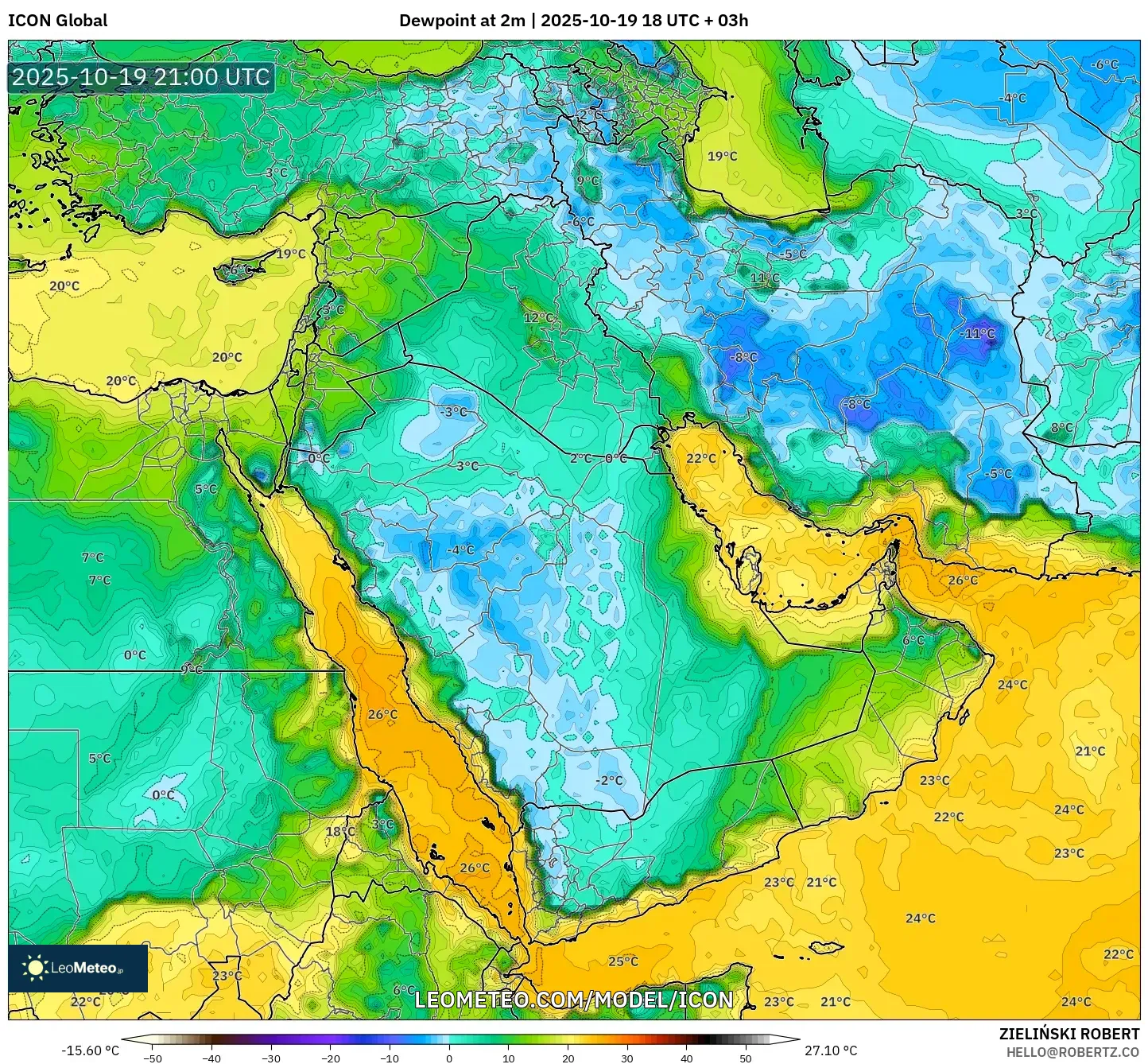 ICON model - Middle East, Dewpoint at 2m ICON model - Middle East, Dewpoint at 2m