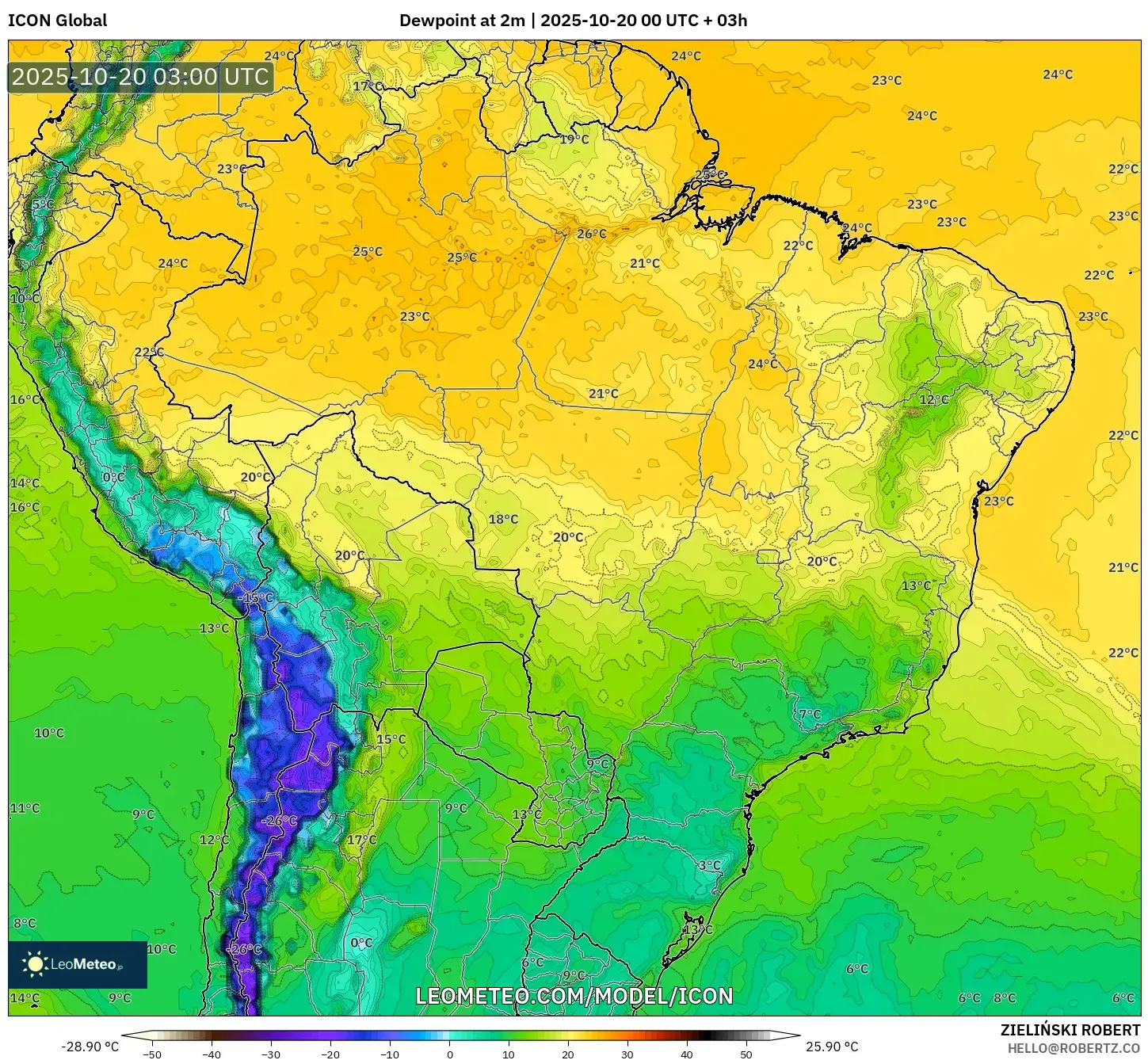 ICON model - Brazil, Dewpoint at 2m ICON model - Brazil, Dewpoint at 2m