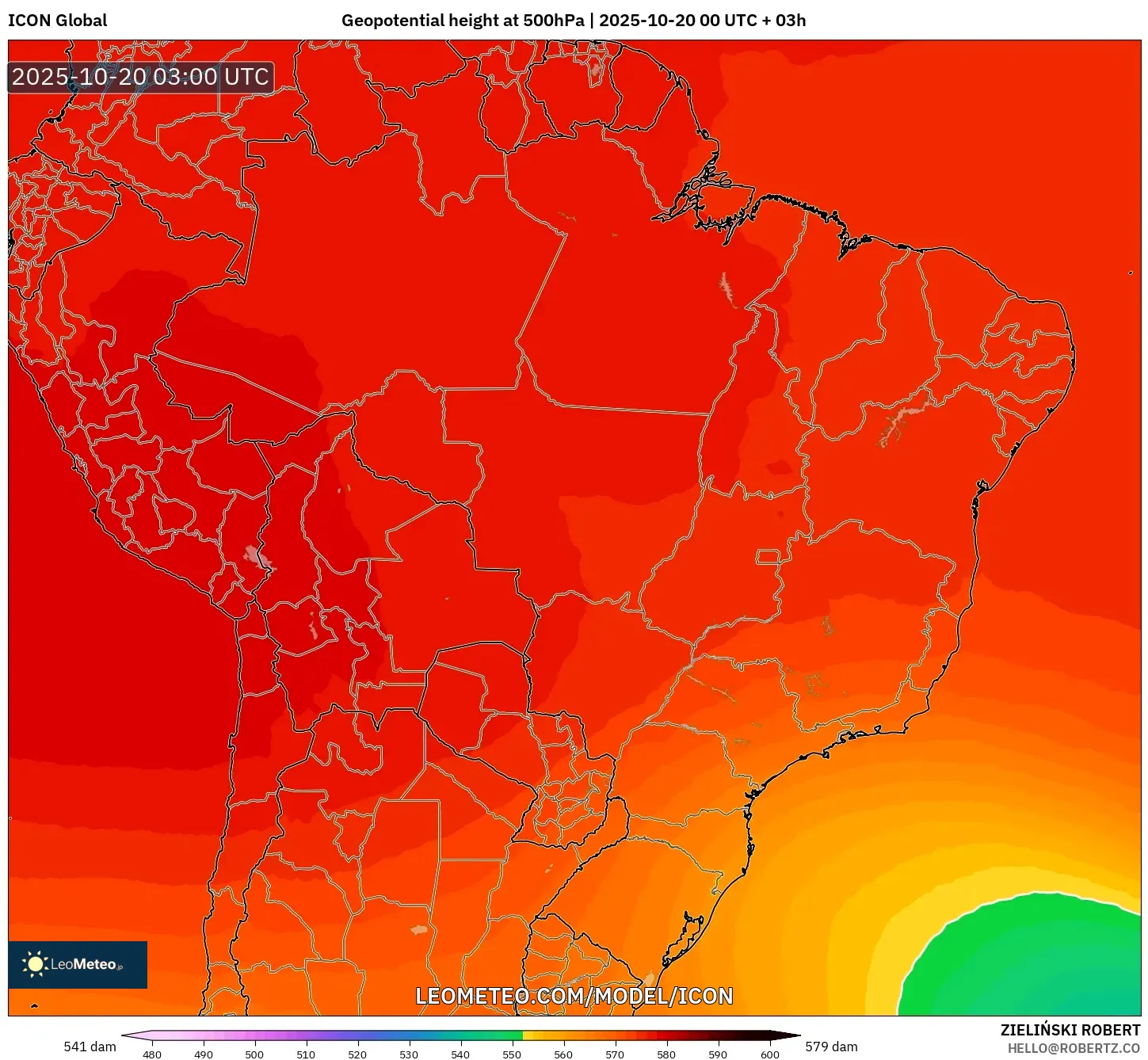 ICON model - Brazil, Geopotential height at 500hPa ICON model - Brazil, Geopotential height at 500hPa