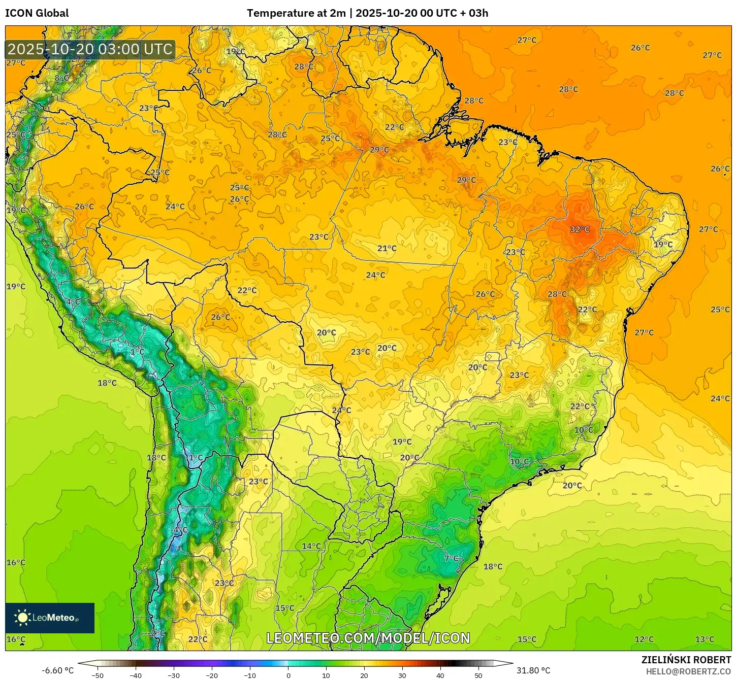 ICON model - Brazil, Temperature at 2m ICON model - Brazil, Temperature at 2m