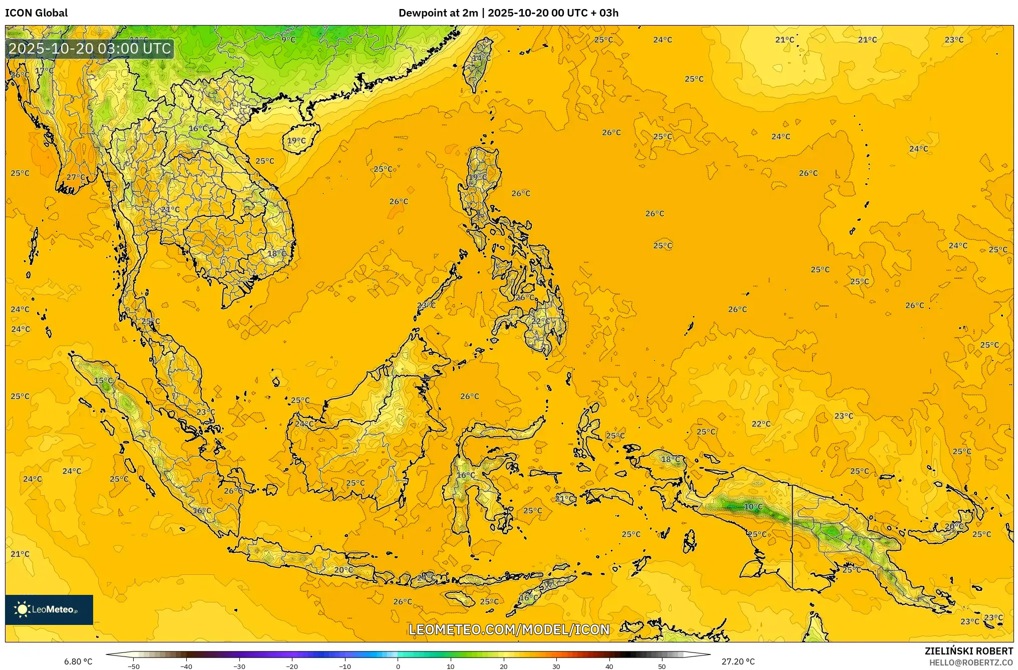 ICON model - South East Asia, Dewpoint at 2m ICON model - South East Asia, Dewpoint at 2m