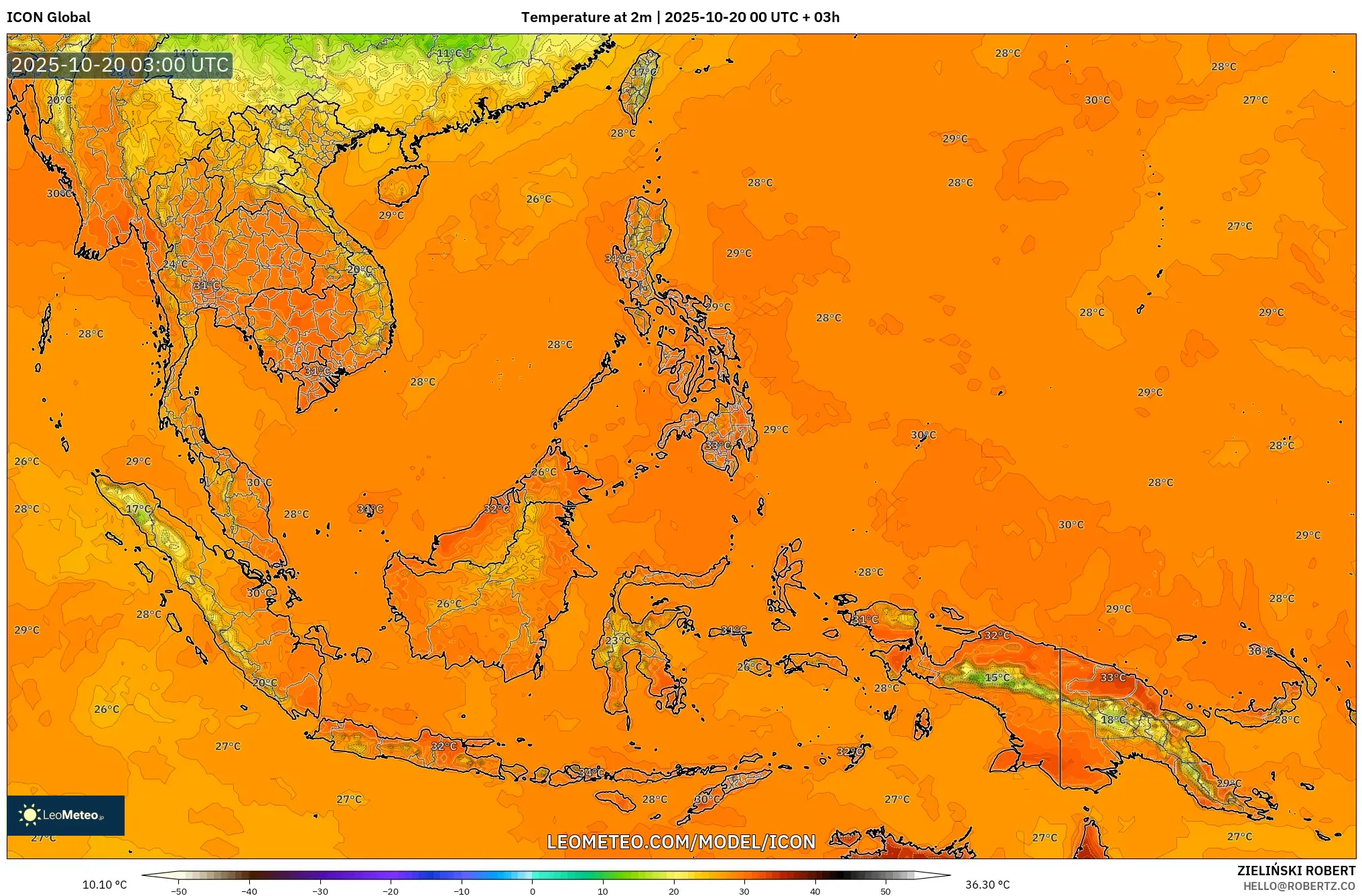 ICON model - South East Asia, Temperature at 2m ICON model - South East Asia, Temperature at 2m