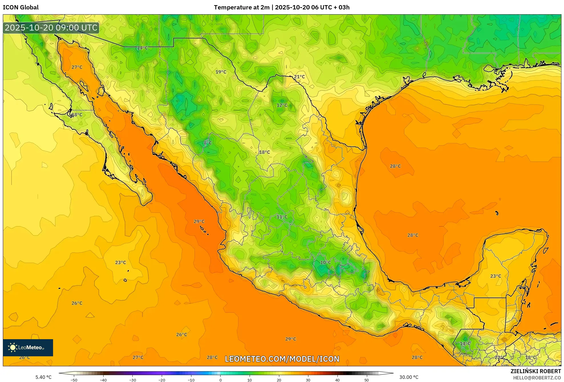 ICON model - Mexico, Temperature at 2m ICON model - Mexico, Temperature at 2m