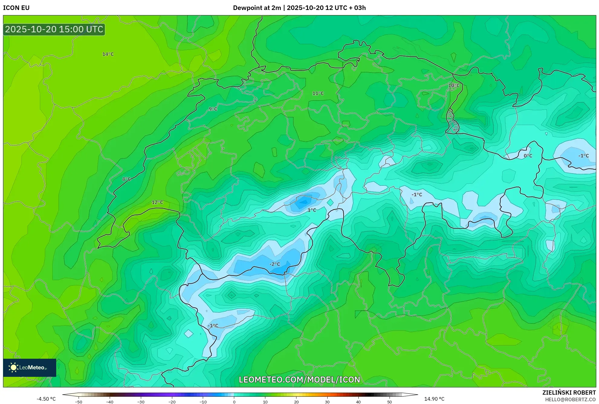 ICON model - Switzerland, Dewpoint at 2m ICON model - Switzerland, Dewpoint at 2m