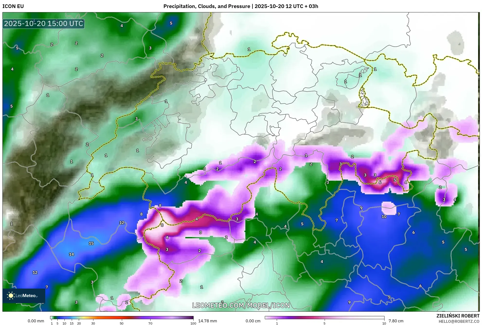 ICON model - Switzerland, Precipitation, Clouds, and Pressure ICON model - Switzerland, Precipitation, Clouds, and Pressure