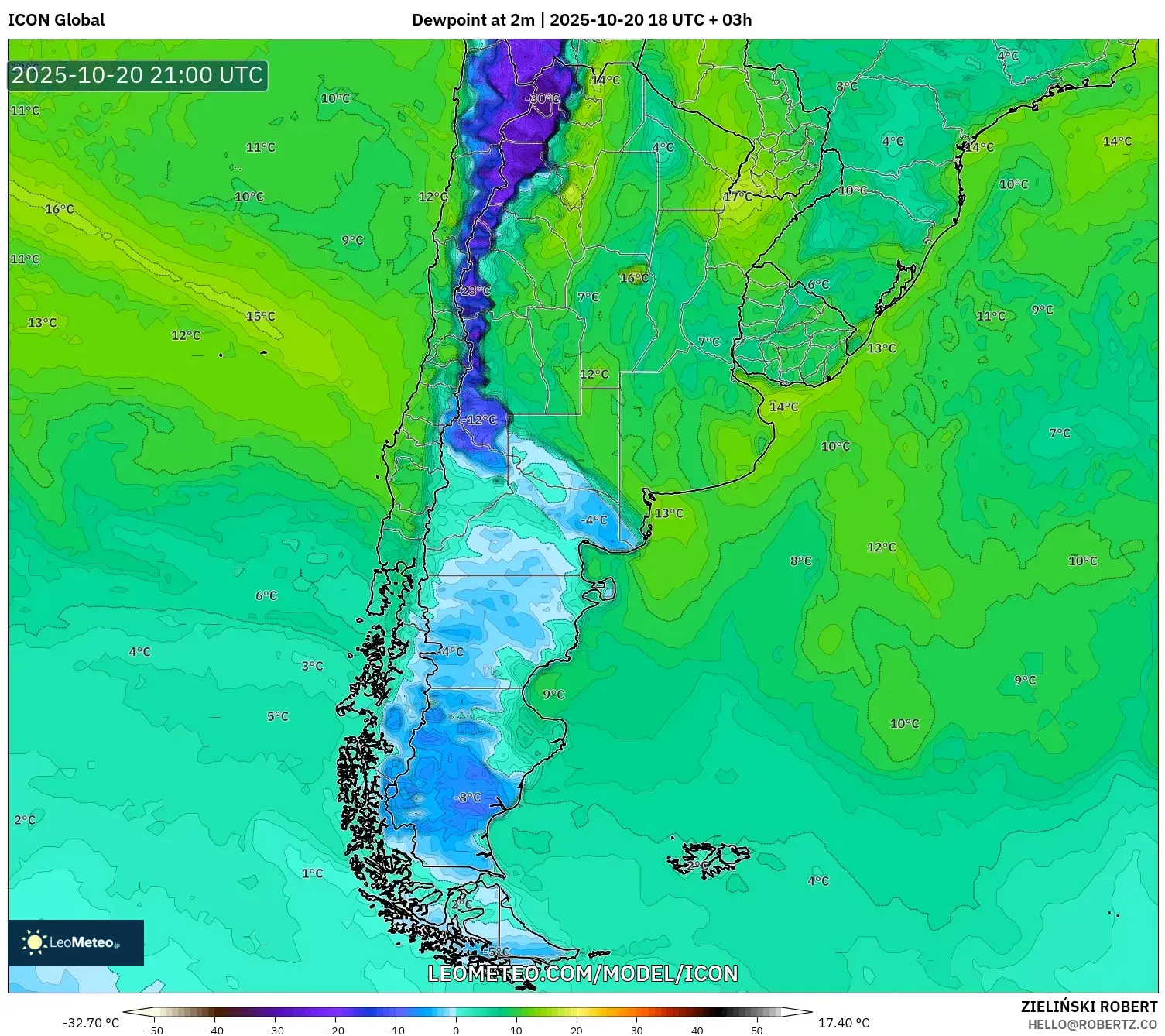 ICON model - Argentina, Dewpoint at 2m ICON model - Argentina, Dewpoint at 2m