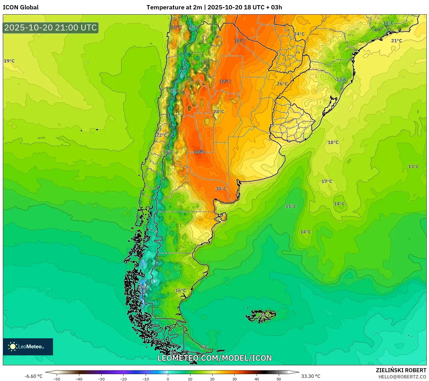 ICON model - Argentina, Temperature at 2m ICON model - Argentina, Temperature at 2m